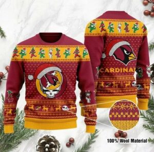 Arizona Cardinals Grateful Dead SKull And Bears Custom Name NFL Football Christmas Ugly Sweater For women