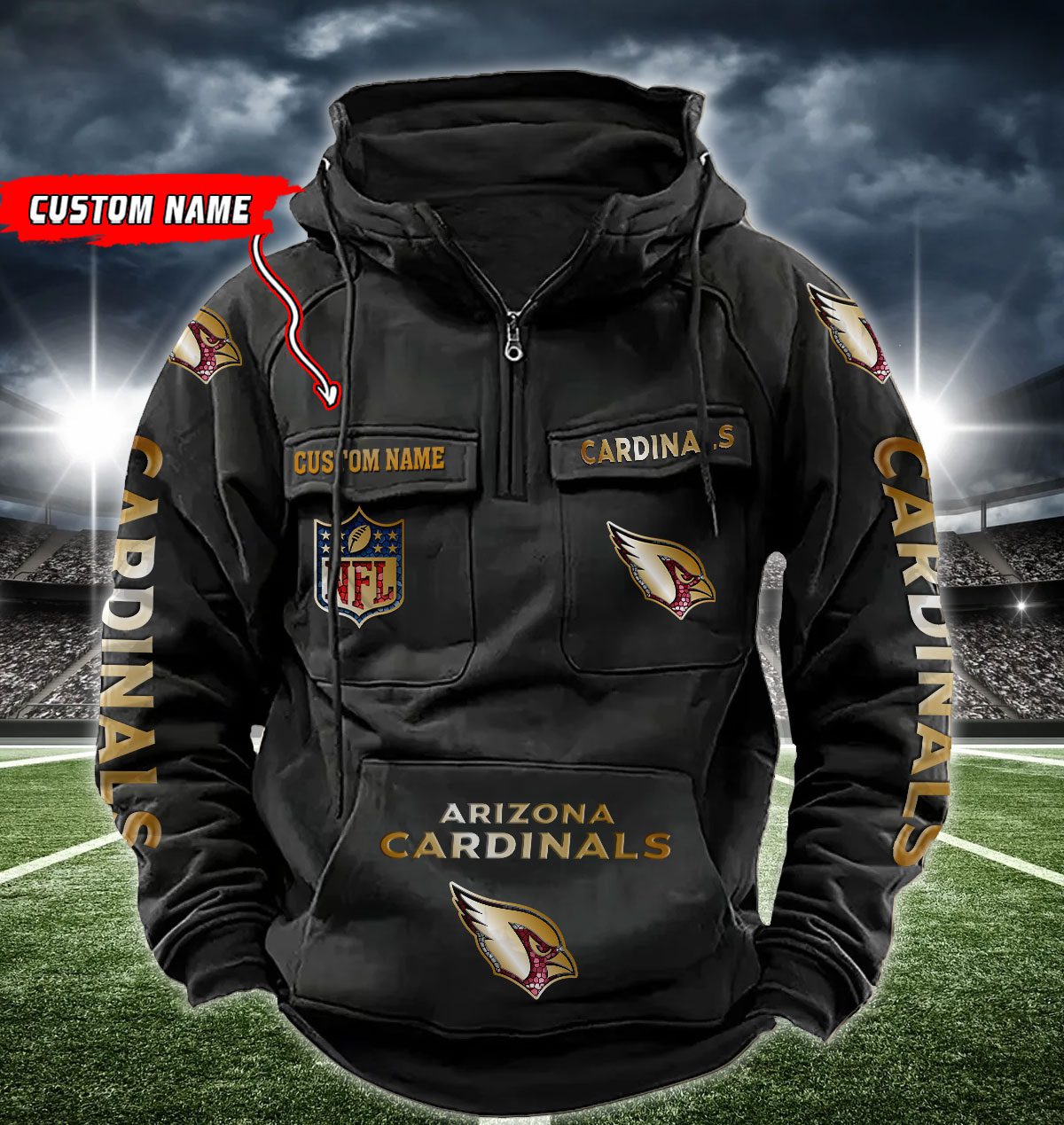 Arizona Cardinals NFL Golden Logo Quarter Zip Vintage Hoodie Custom Name