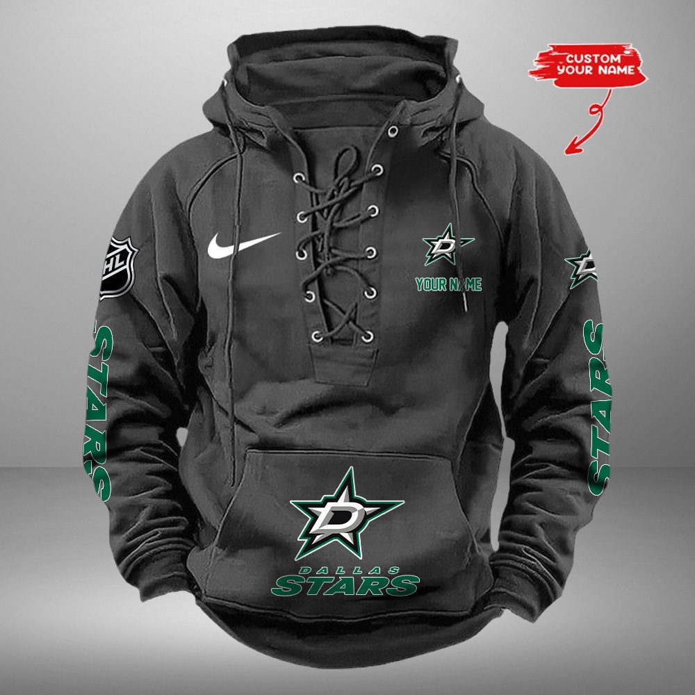 Dallas Stars NHL Retro Lace Up Hoodie Custom Name Mens Vintage