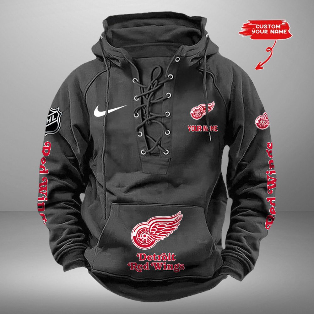 Detroit Red Wings NHL Retro Lace Up Hoodie Custom Name Mens Vintage