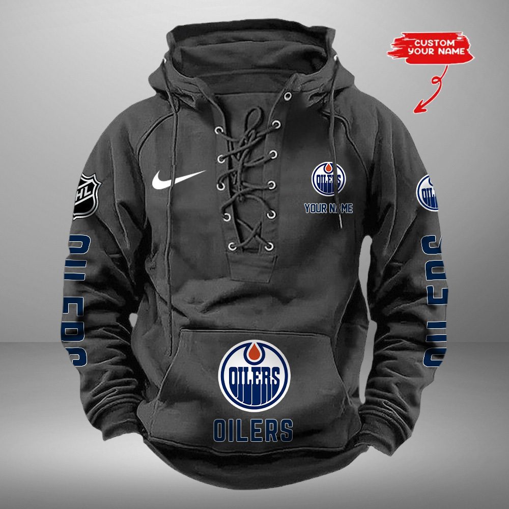 Edmonton Oilers NHL Retro Lace Up Hoodie Custom Name Mens Throwback