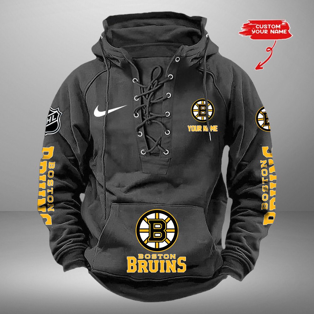 Boston Bruins NHL Retro Lace Up Hoodie Custom Name Mens Vintage