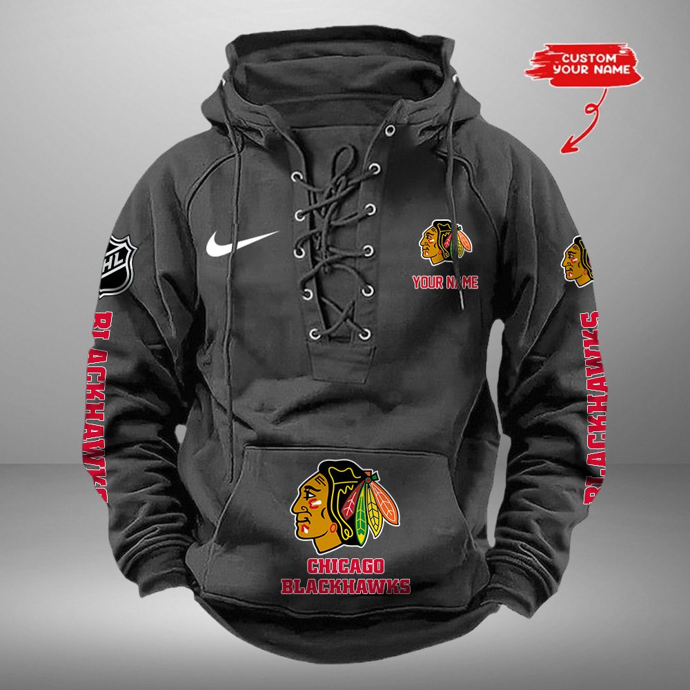 Chicago Blackhawks NHL Retro Lace Up Hoodie Custom Name Mens Throwback