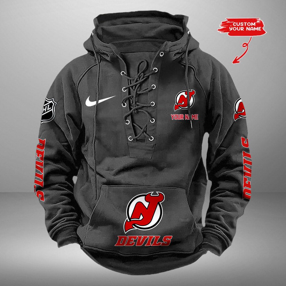 New Jersey Devils NHL Retro Lace Up Hoodie Custom Name Mens Vintage