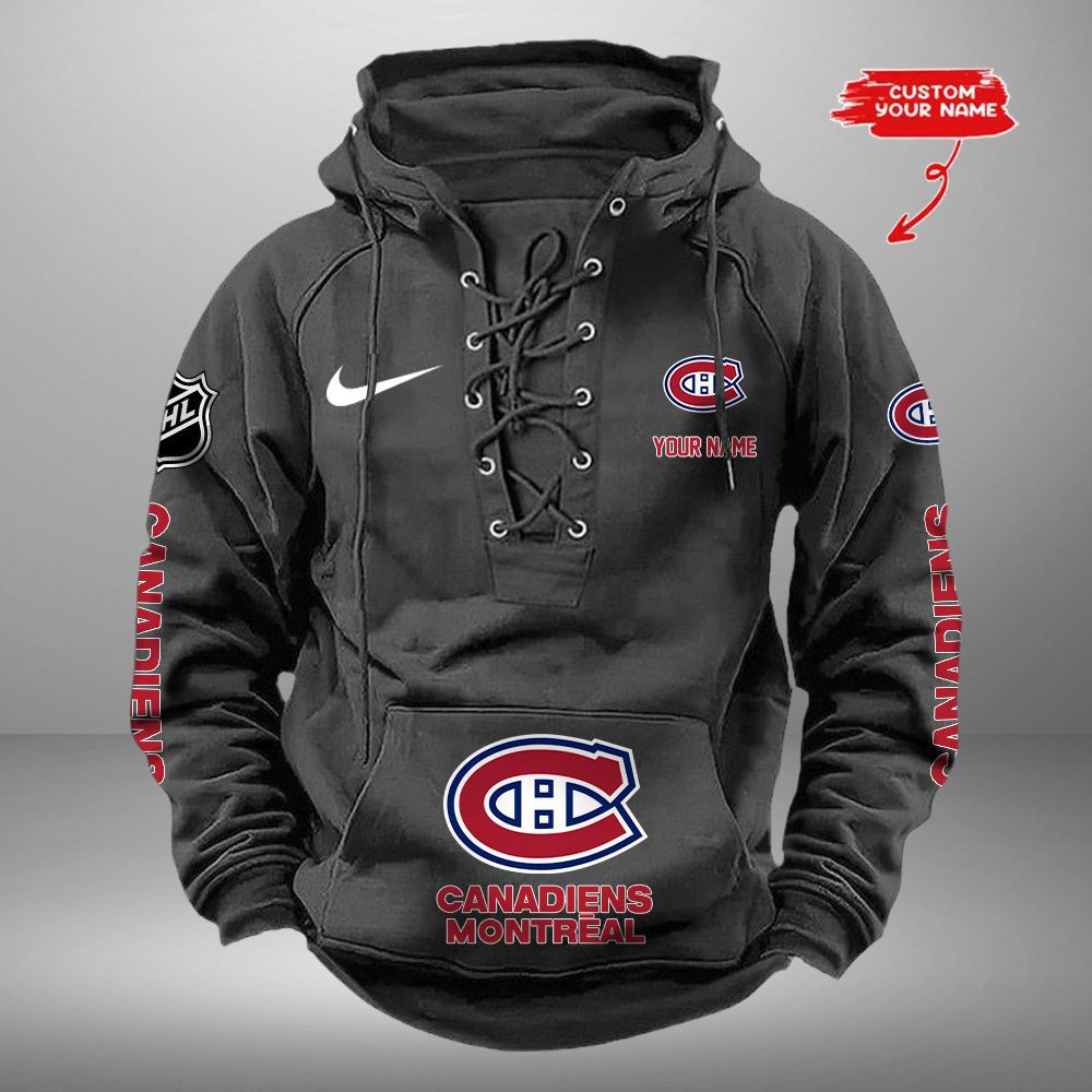 Montreal Canadiens NHL Retro Lace Up Hoodie Custom Name Mens Throwback
