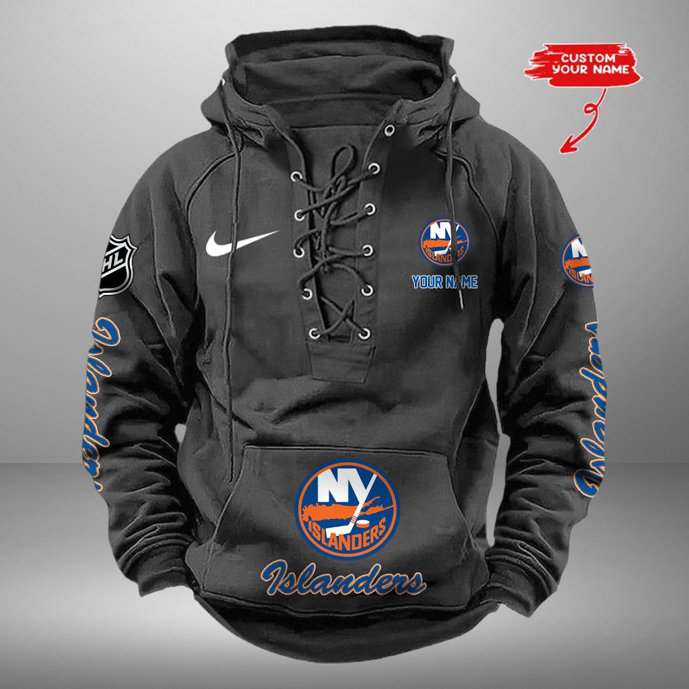 New York Islanders NHL Retro Lace Up Hoodie Custom Name Mens Vintage