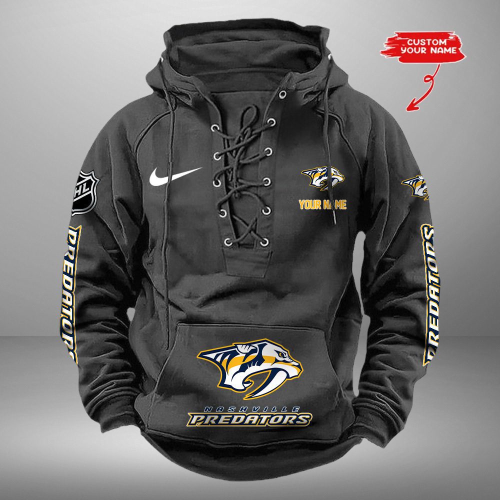 Nashville Predators NHL Retro Lace Up Hoodie Custom Name Mens Vintage