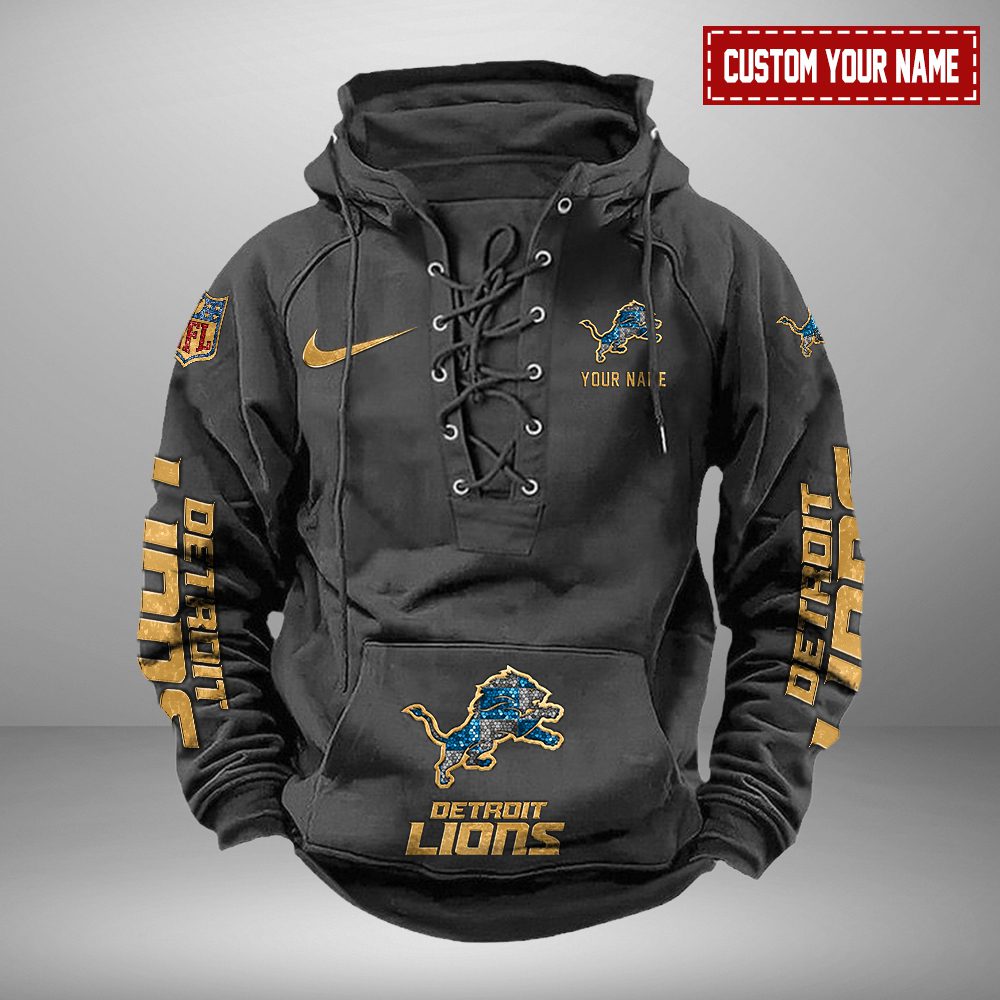 Detroit Lions NFL Retro Lace Up Hoodie Personalized Mens Throwback