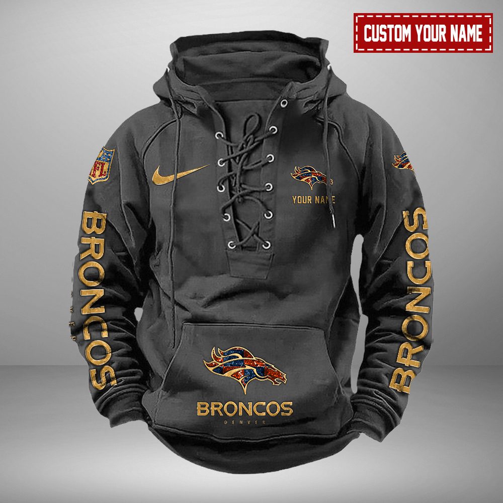Denver Broncos NFL Retro Lace Up Hoodie Personalized Mens Vintage