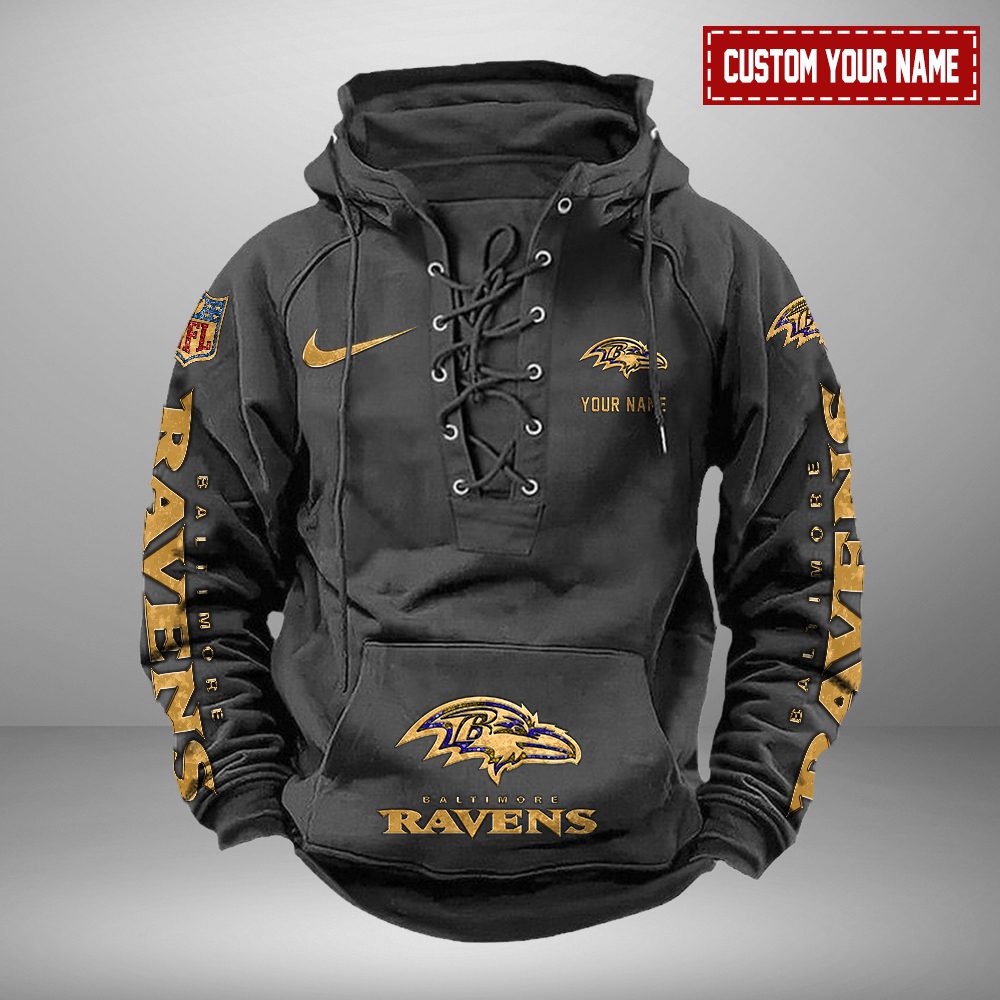 Baltimore Ravens NFL Retro Lace Up Hoodie Personalized Mens Throwback