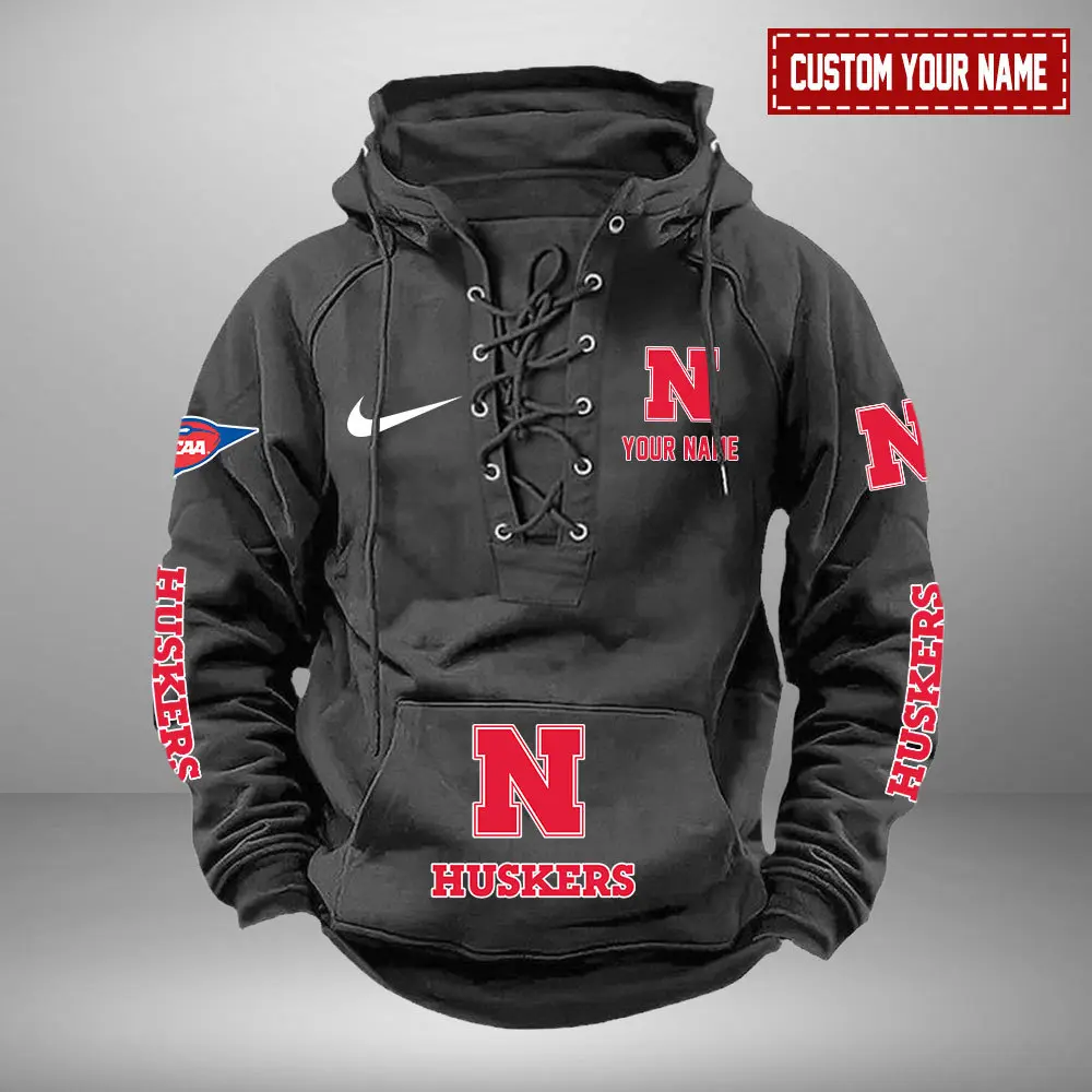 Nebraska Cornhuskers NCAA Retro Lace Up Hoodie Custom Name Mens Vintage