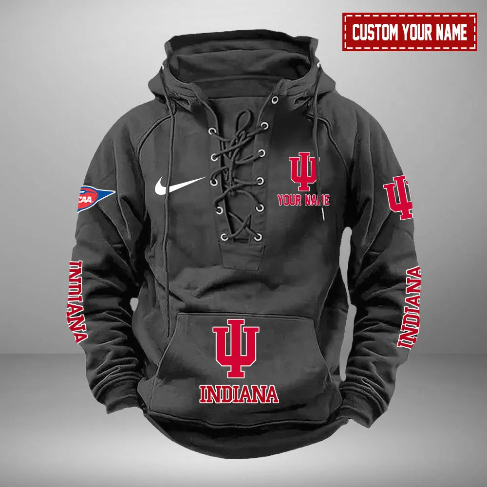 Indiana Hoosiers NCAA Retro Lace Up Hoodie Custom Name Mens Vintage