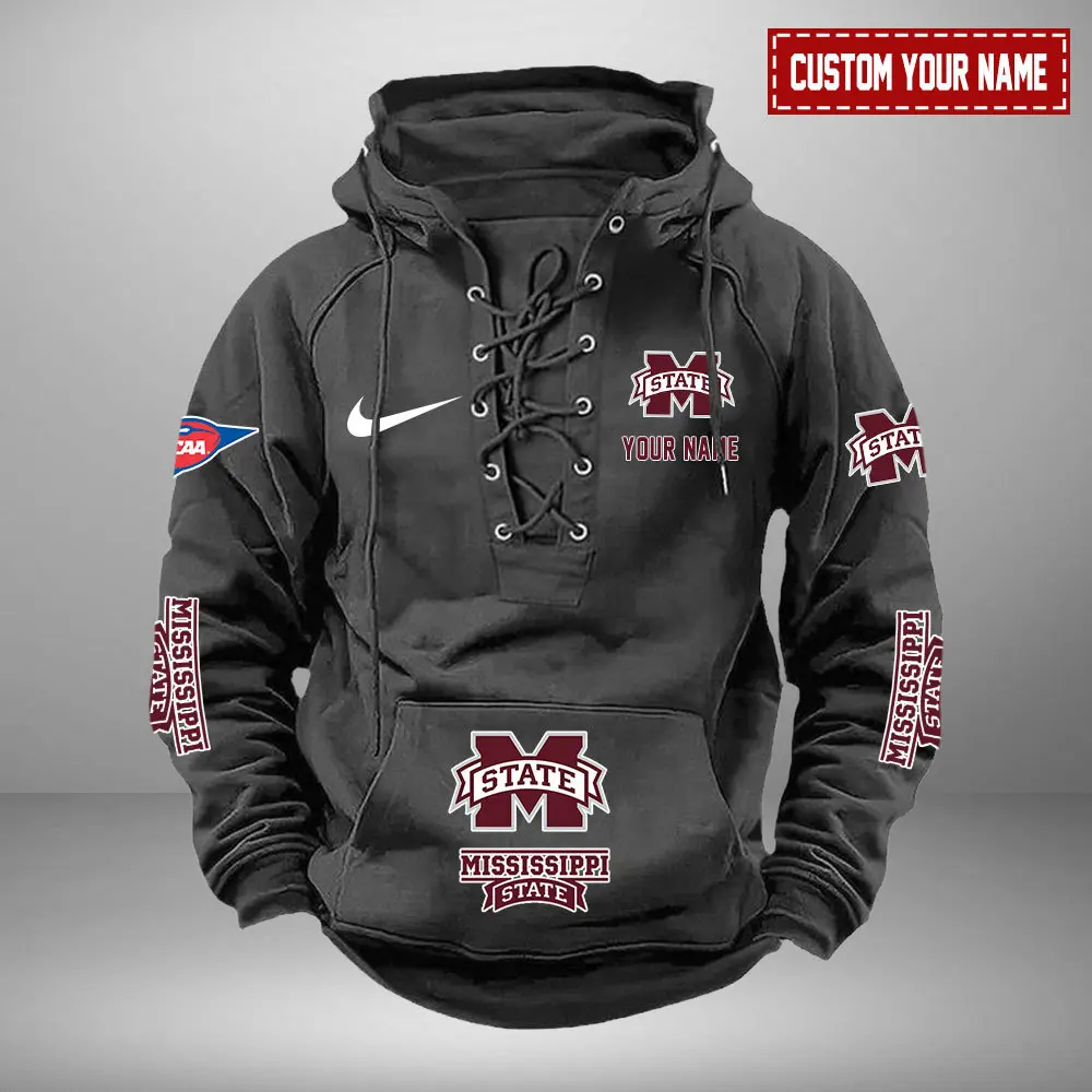 Mississippi State Bulldogs NCAA Retro Lace Up Hoodie Custom Name Mens Throwback