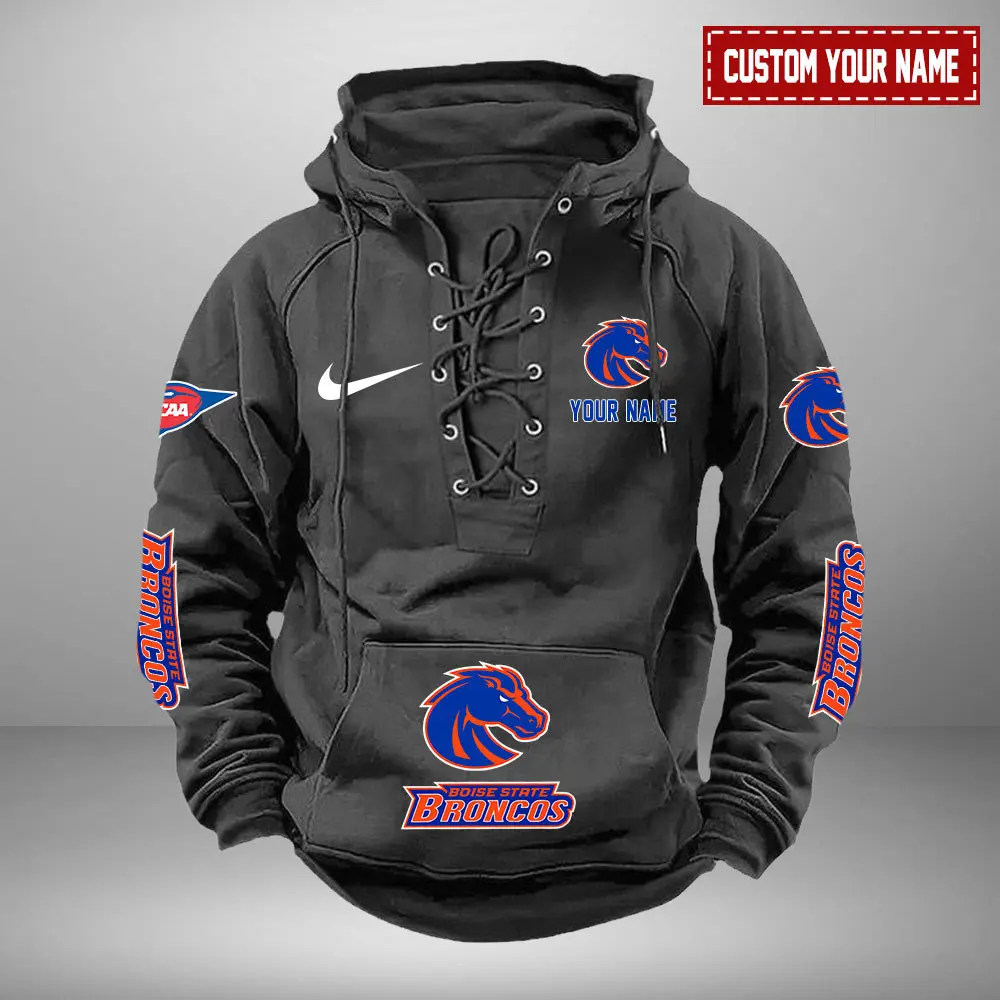 Boise State Broncos NCAA Retro Lace Up Hoodie Custom Name Mens Vintage