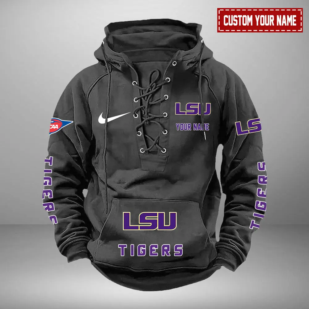 LSU Tigers NCAA Retro Lace Up Hoodie Custom Name Mens Vintage