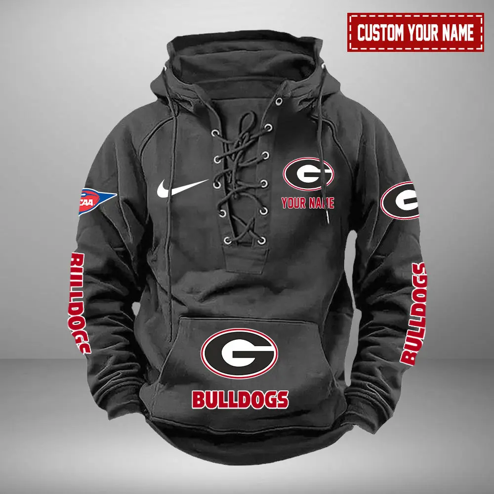 Georgia Bulldogs NCAA Retro Lace Up Hoodie Custom Name Mens Throwback