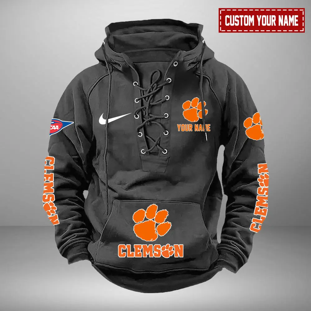 Clemson Tigers NCAA Retro Lace Up Hoodie Custom Name Mens Throwback