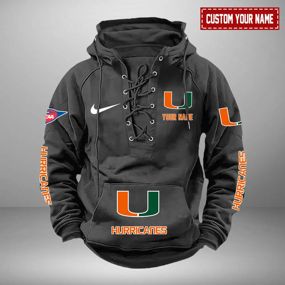 Miami Hurricanes NCAA Retro Lace Up Hoodie Custom Name Mens Throwback