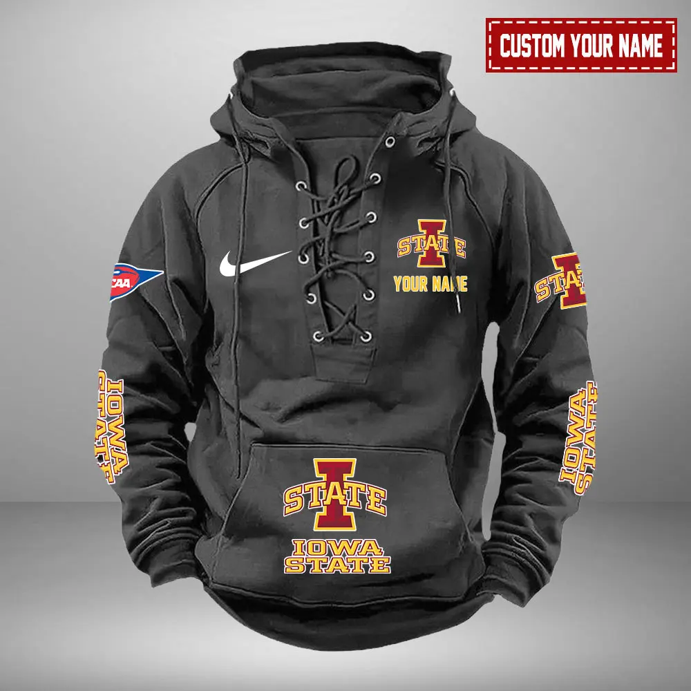 Iowa State Cyclones NCAA Retro Lace Up Hoodie Custom Name Mens Throwback