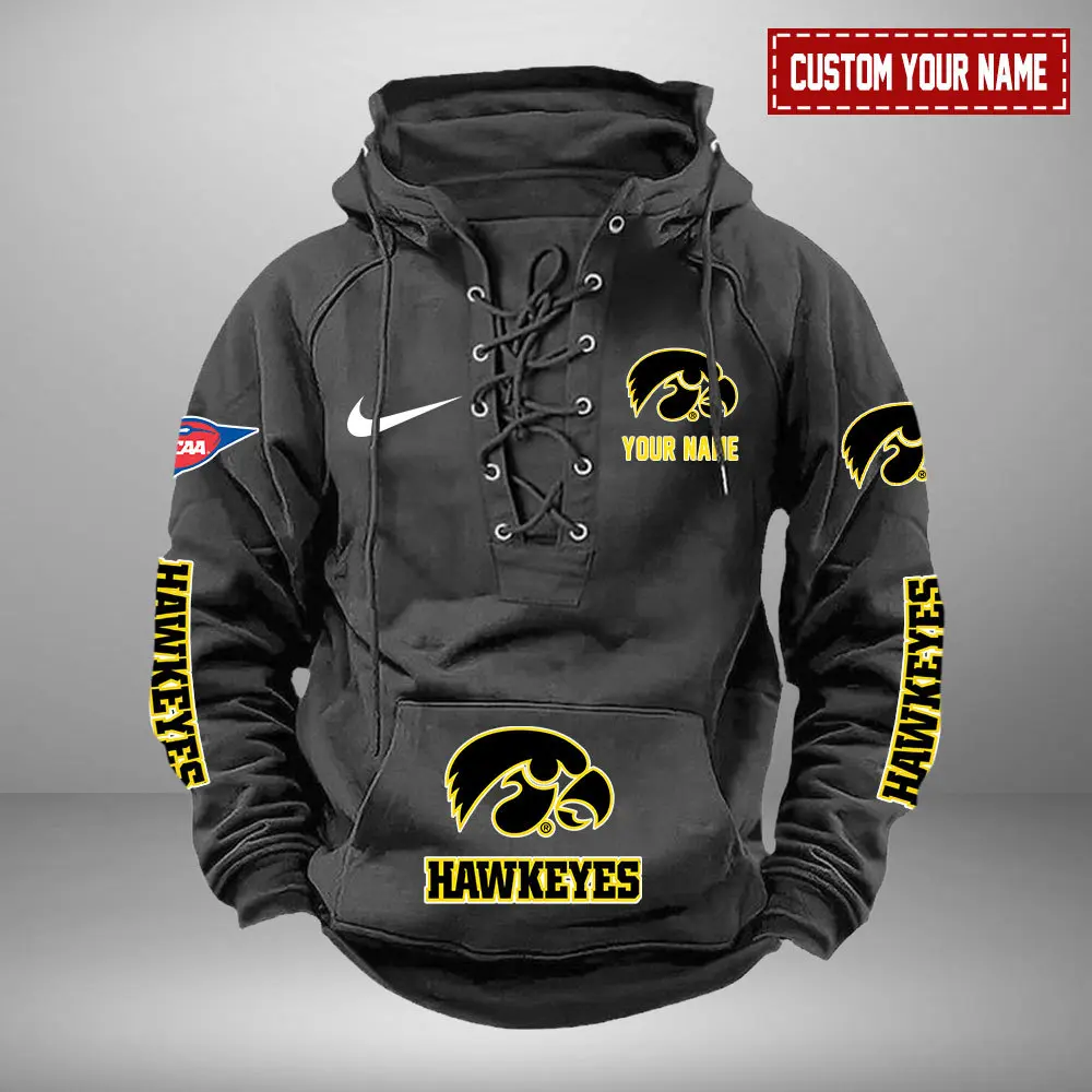Iowa Hawkeyes NCAA Retro Lace Up Hoodie Custom Name Mens Throwback