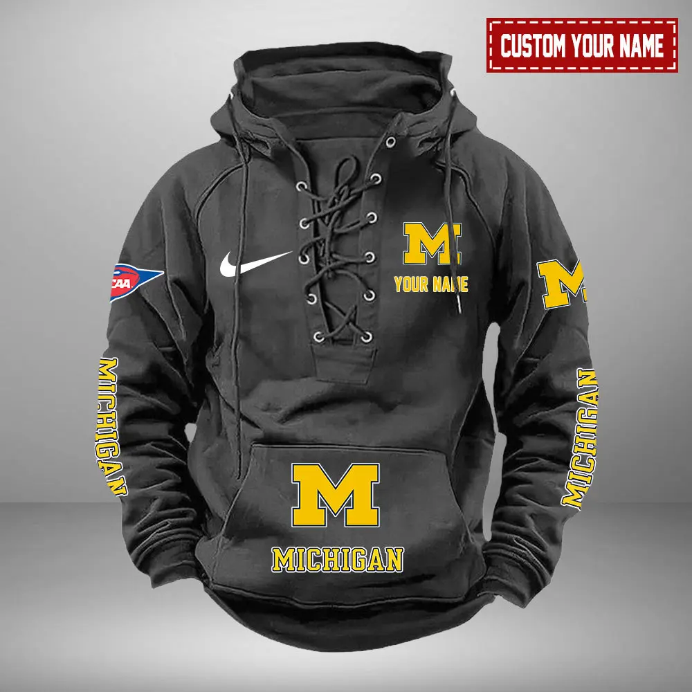 Michigan Wolverines NCAA Retro Lace Up Hoodie Custom Name Mens Vintage