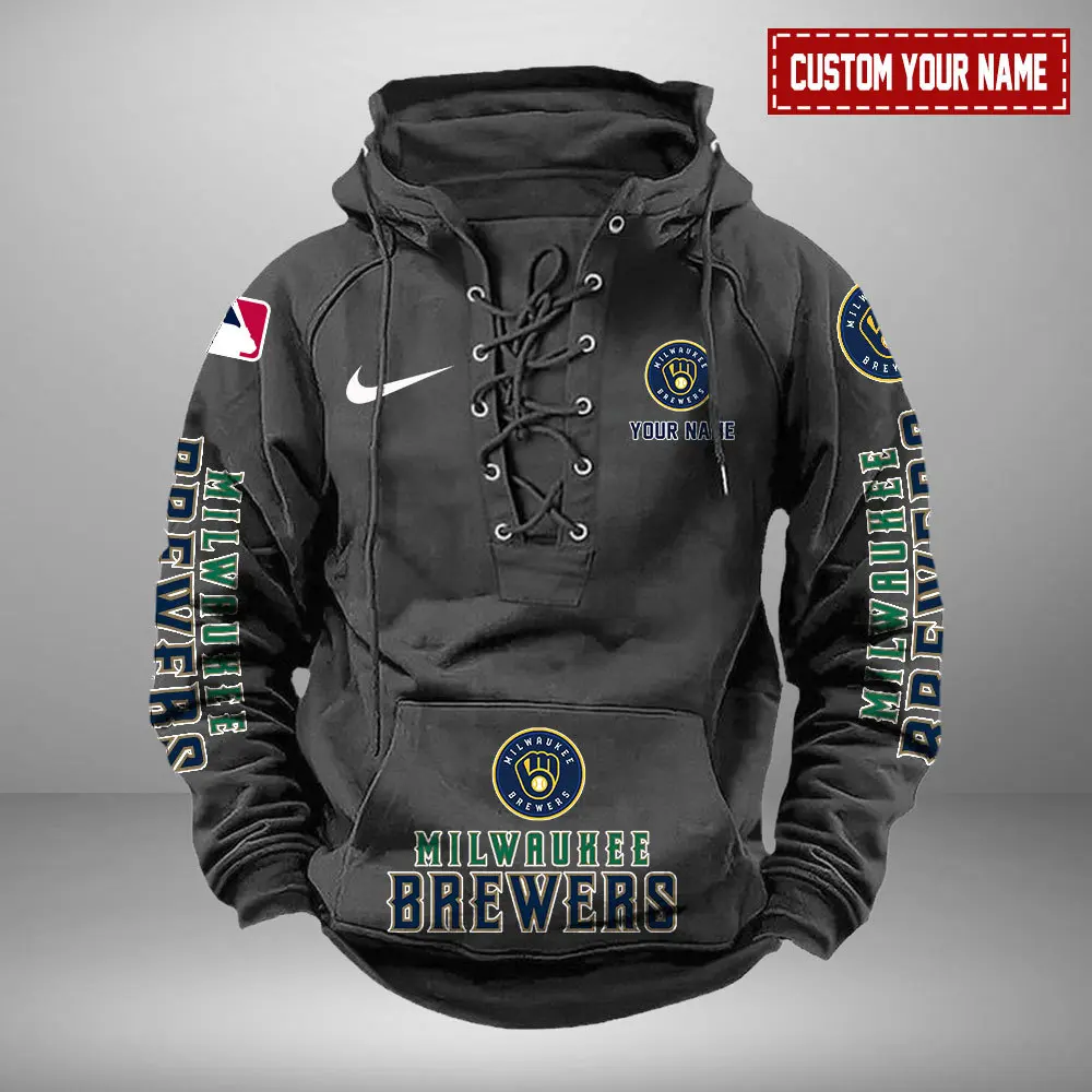 Milwaukee Brewers MLB Retro Lace Up Hoodie Personalized Mens Vintage