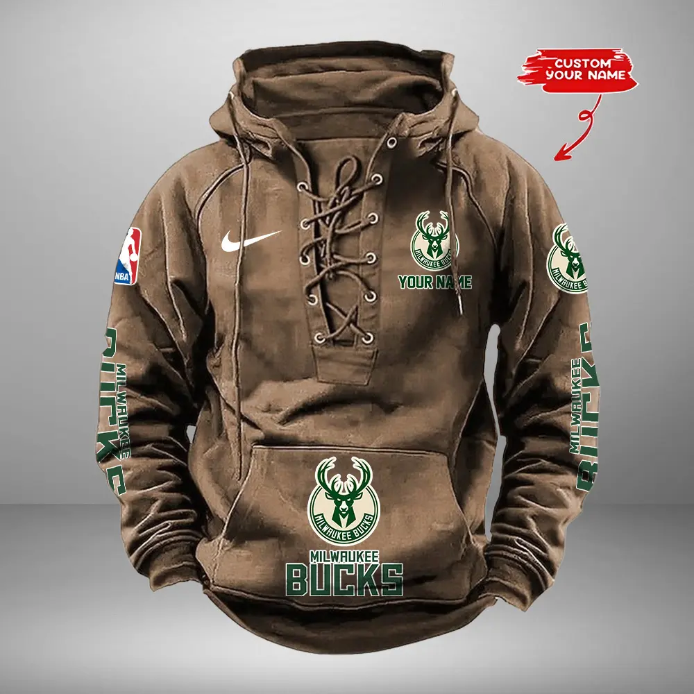 Milwaukee Bucks NBA Retro Lace Up Hoodie Personalized Mens Vintage