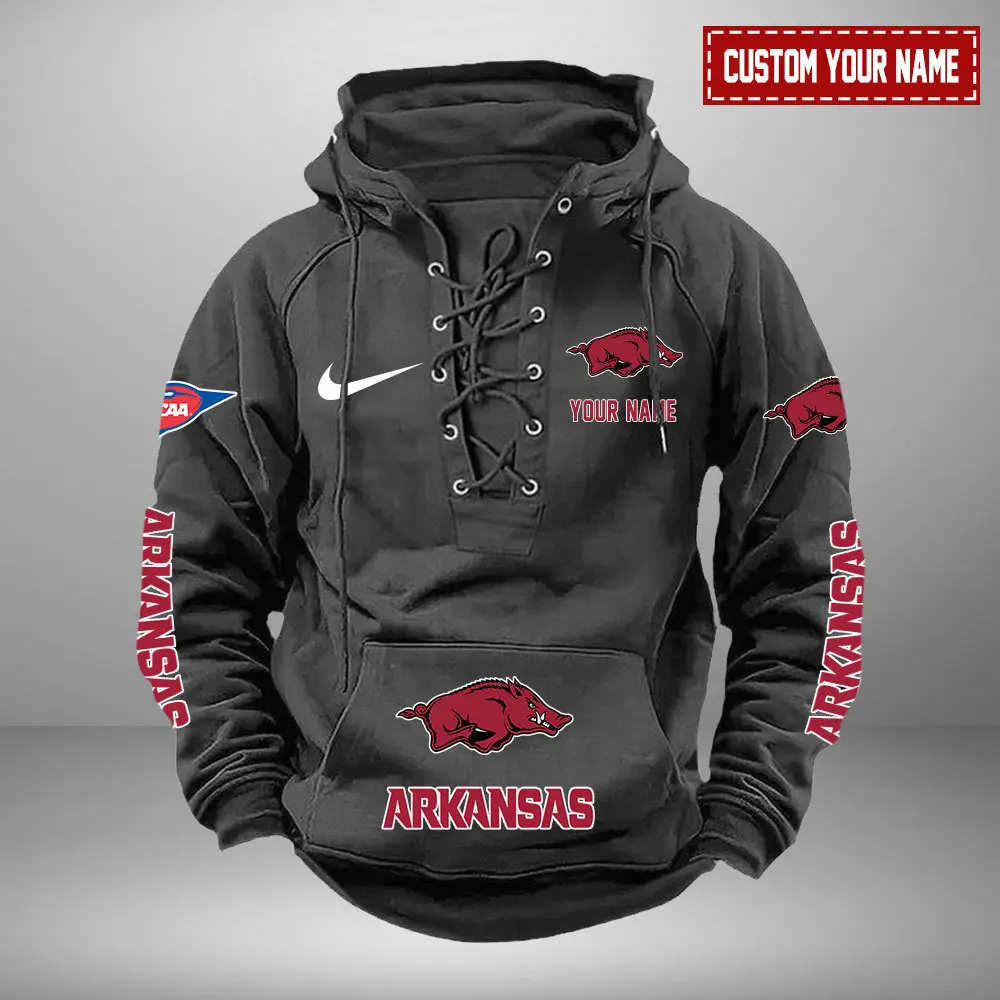 Arkansas Razorbacks NCAA Retro Lace Up Hoodie Custom Name Mens Throwback