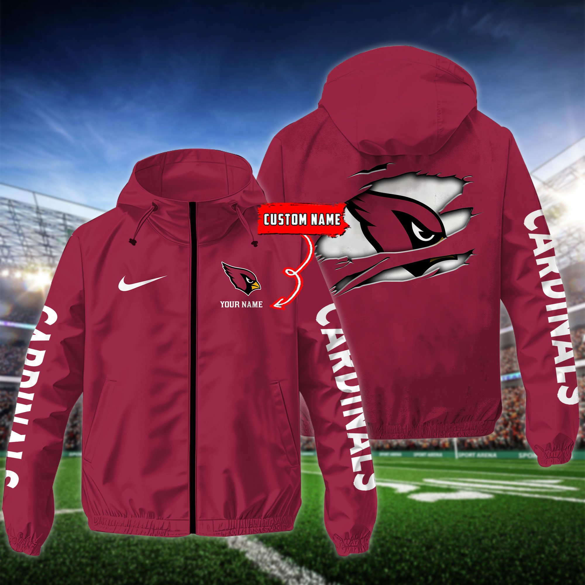 Arizona Cardinals NFL Windbreaker Outdoor Jacket Custom Name