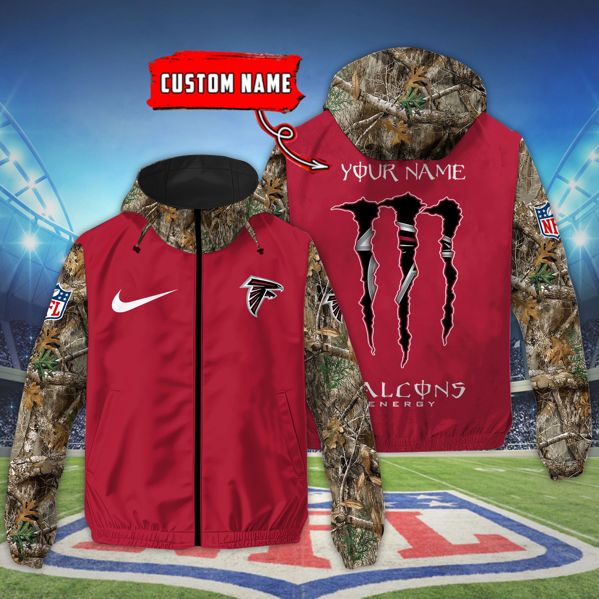 Atlanta Falcons NFL Windbreaker Outdoor Camo Jacket Custom Name