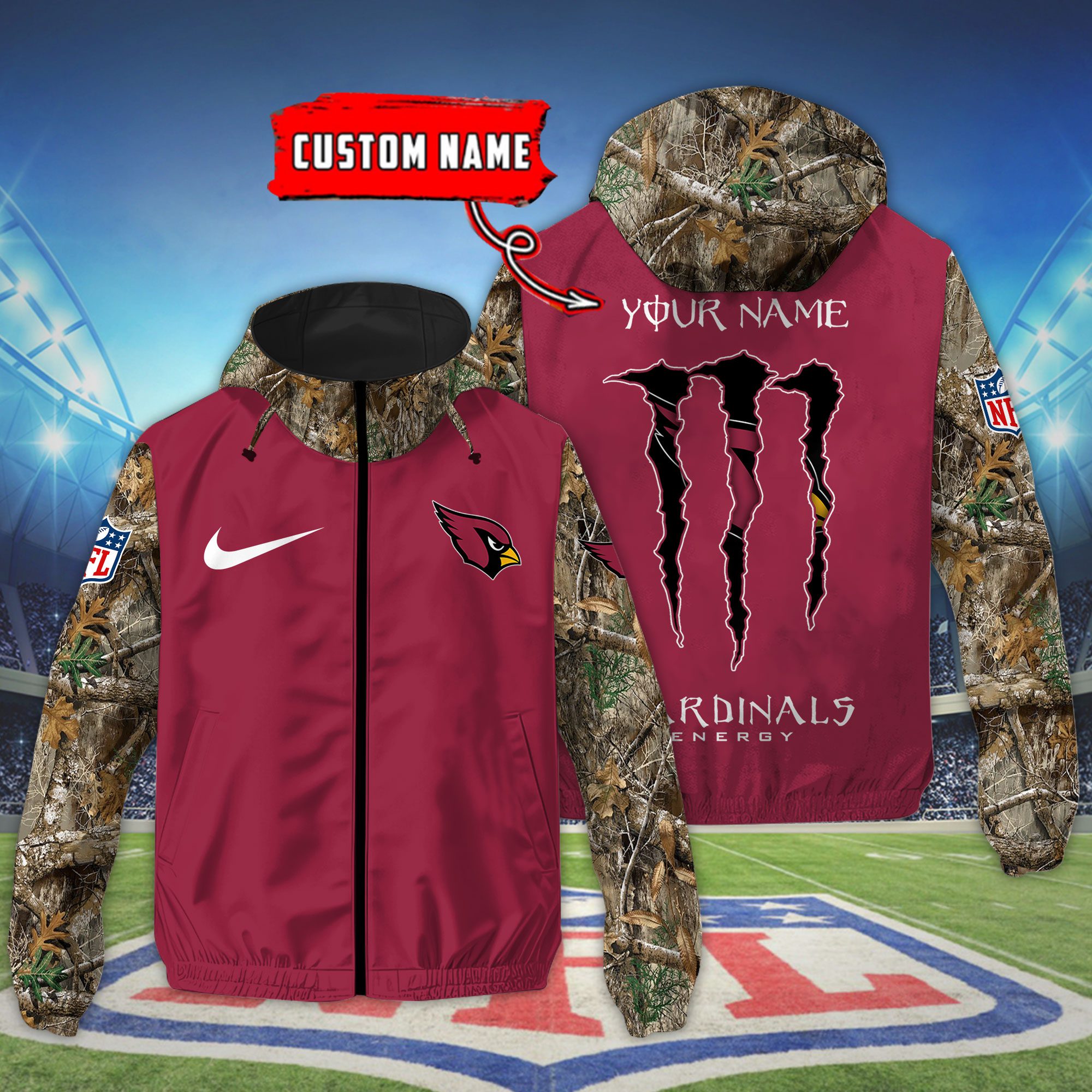 Arizona Cardinals NFL Windbreaker Outdoor Camo Jacket Custom Name