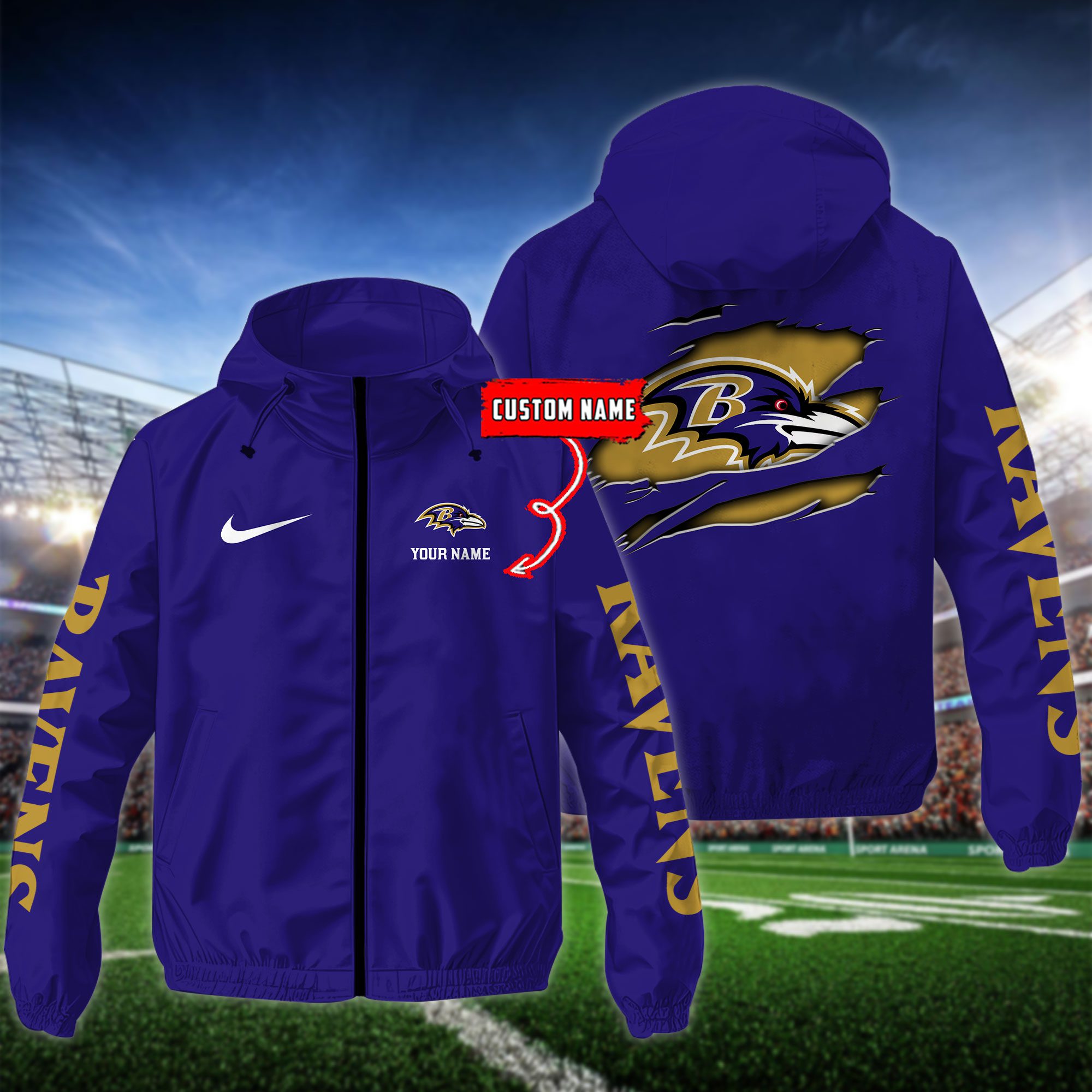Baltimore Ravens NFL Windbreaker Outdoor Jacket Custom Name
