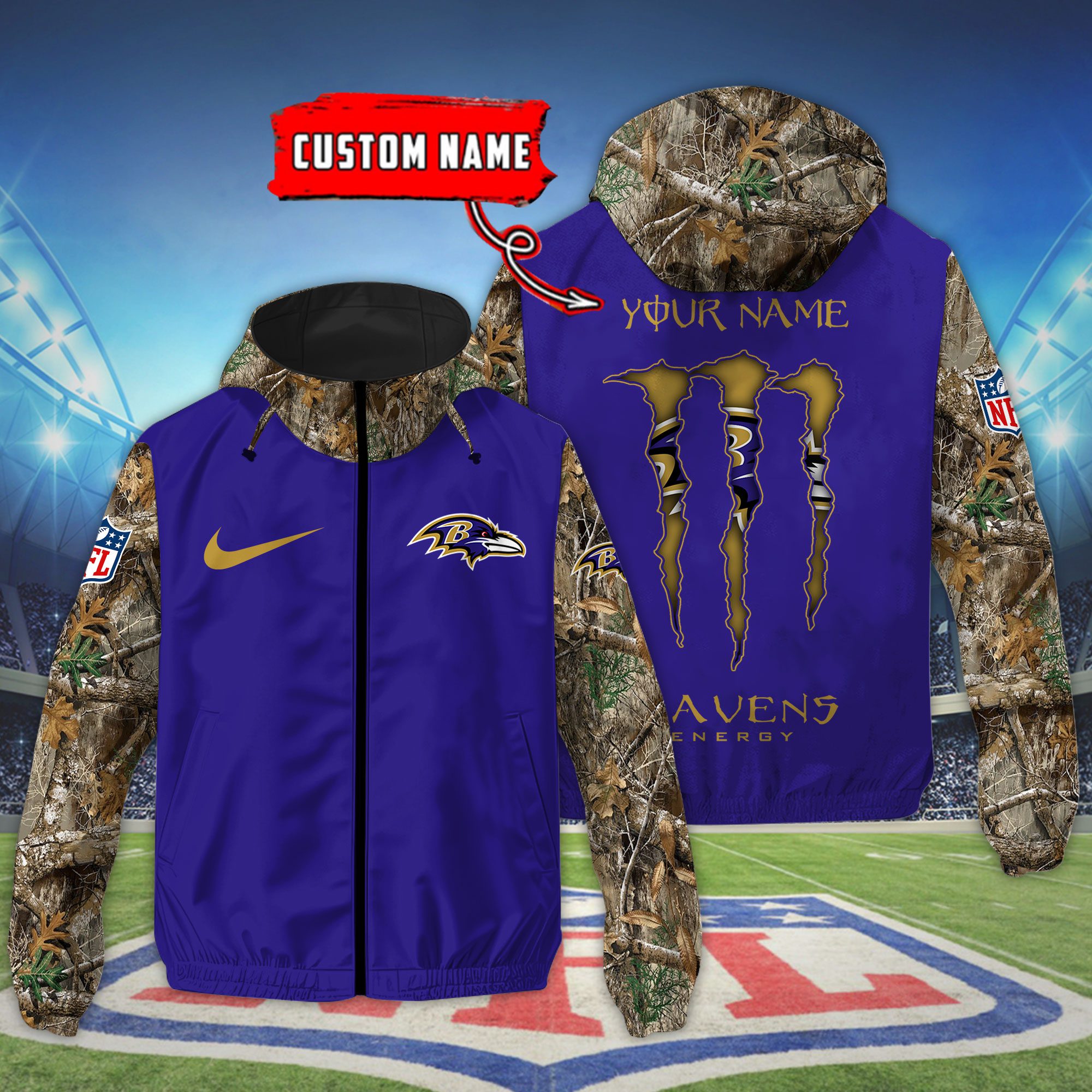 Baltimore Ravens NFL Windbreaker Outdoor Camo Jacket Custom Name
