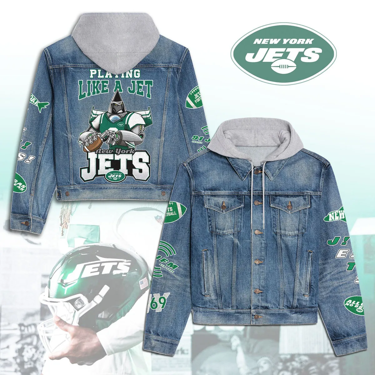 New York Jets Premium Hooded Denim Jacket New Collection