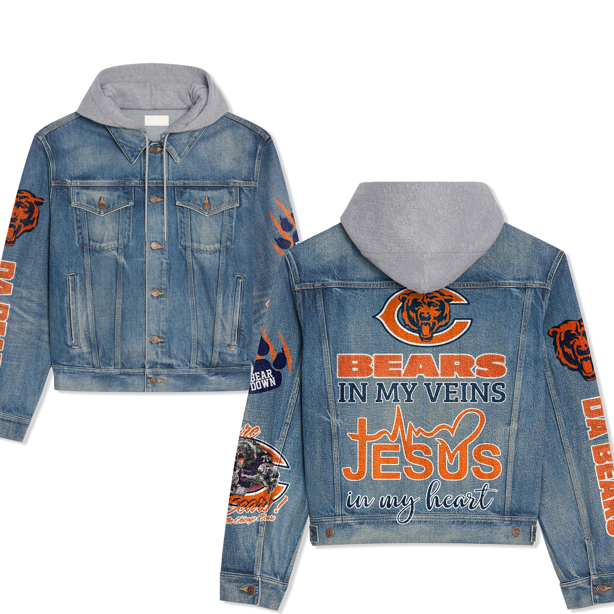 Chicago Bears Premium Casual Fall Hooded Denim Jackets For Men Women New Collection