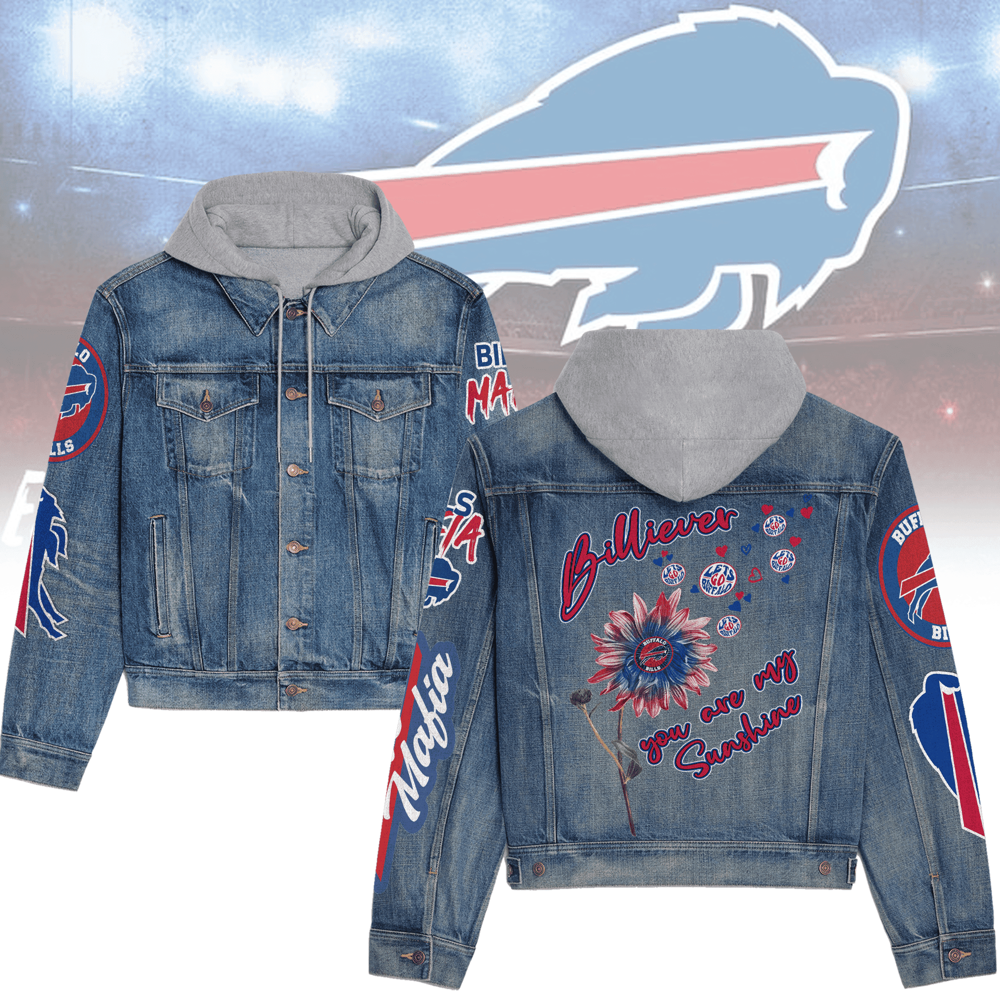 Buffalo Bills Premium Hooded Denim JacketPremium Sports Style Jacket For Fans