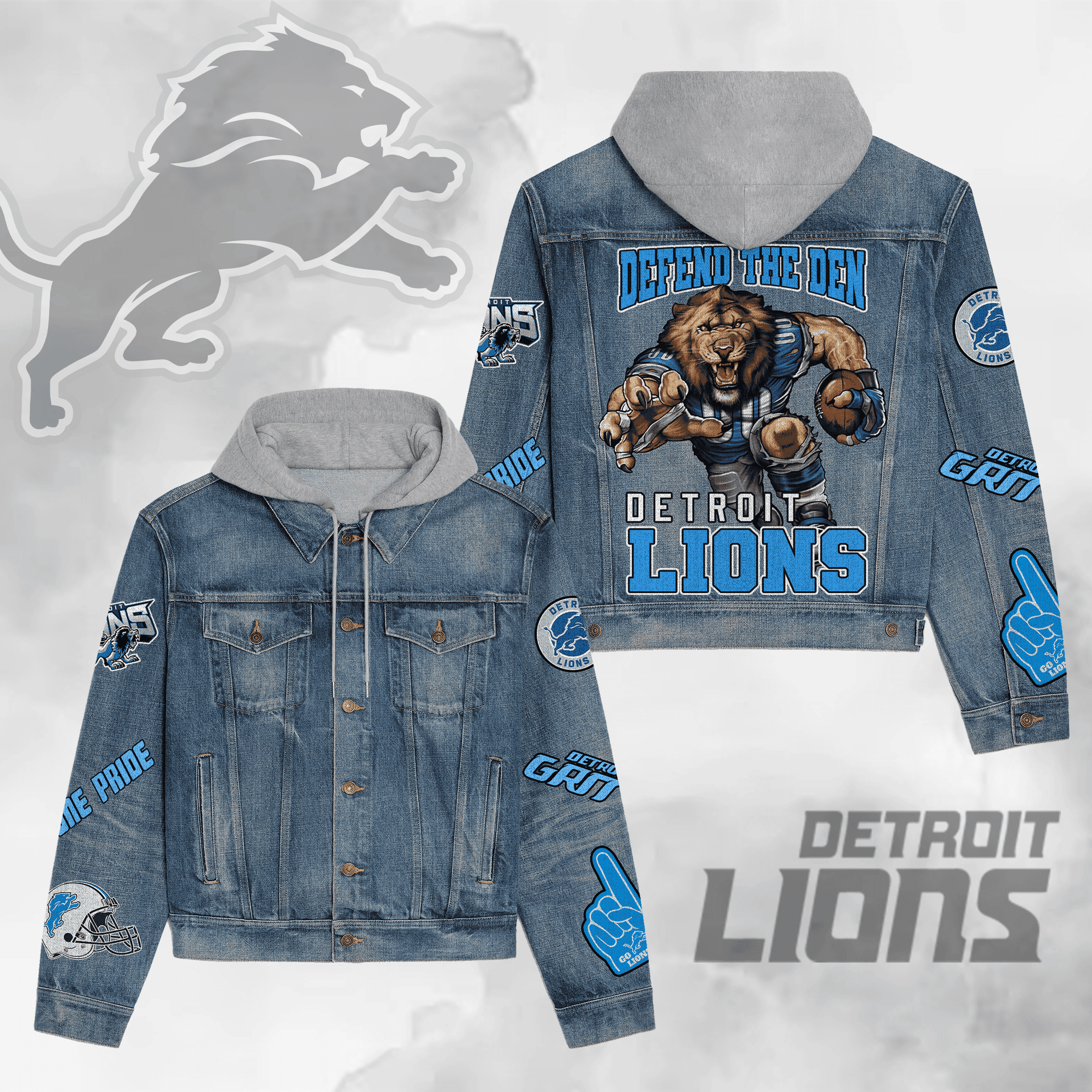 Detroit Lions Premium Hooded Denim Jacket New Collection
