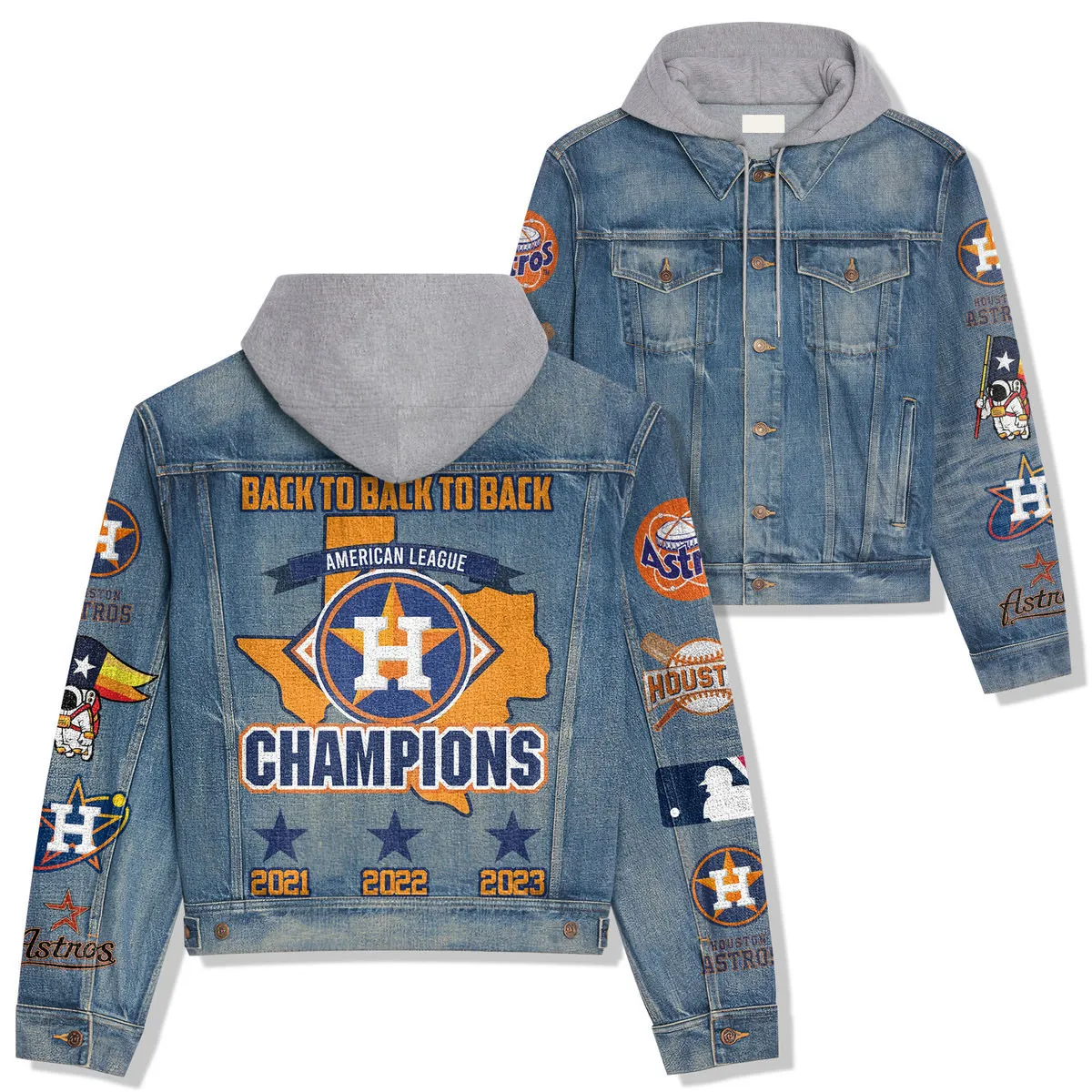 Houston Astros Premium Hooded Denim JacketOversized Streetwear Denim Jacket 2025