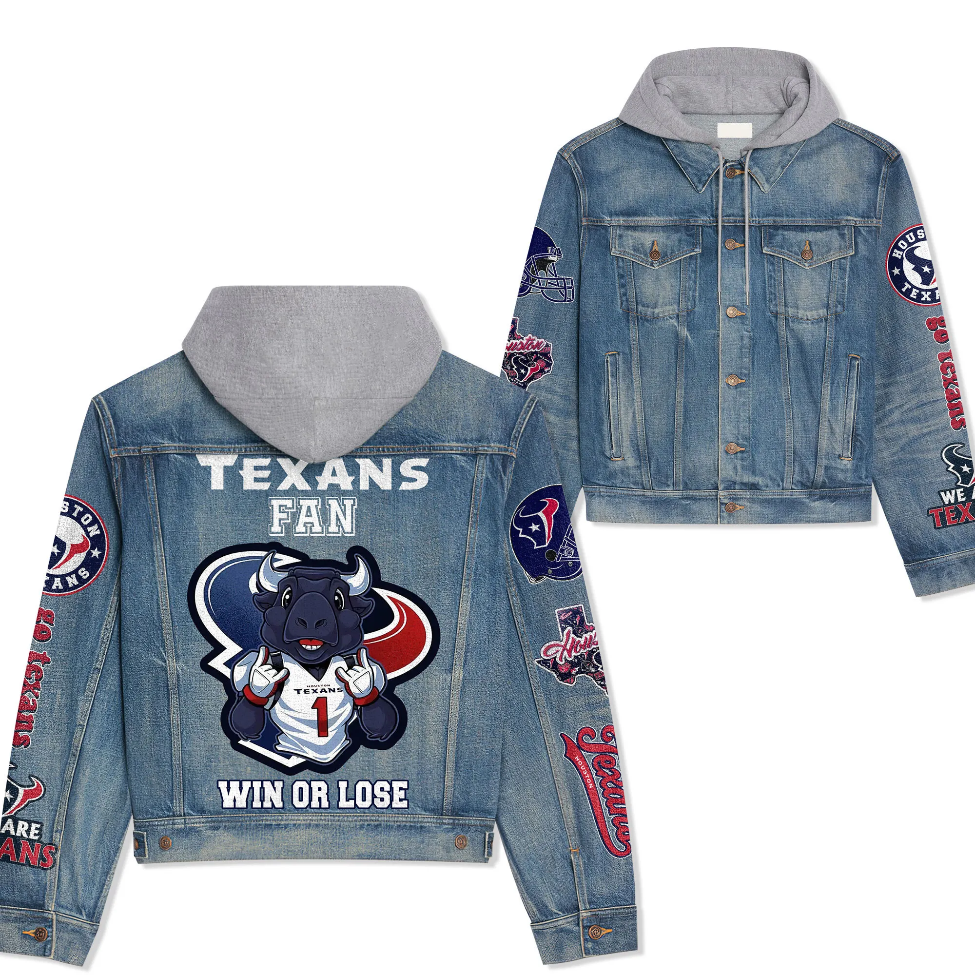 Houston Texans Premium Casual Fall Hooded Denim Jackets For Men Women