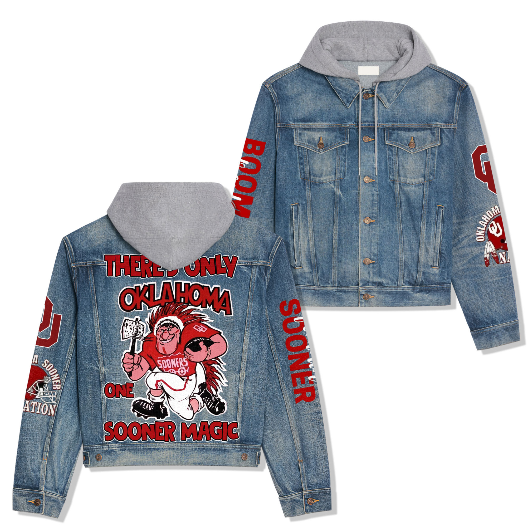 Okhoma Sooners Premium Hooded Denim JacketOversized Streetwear Denim Jacket 2025