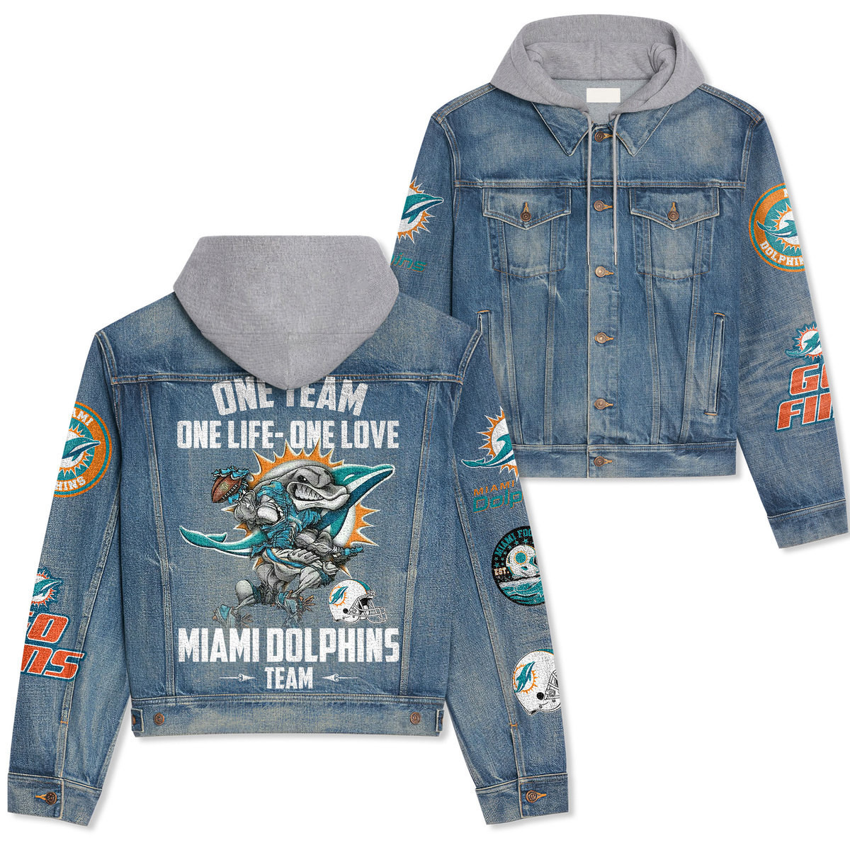 Miami Dolphins Premium Hooded Denim Jacket For Men Women Collection Fall And Winter 2025