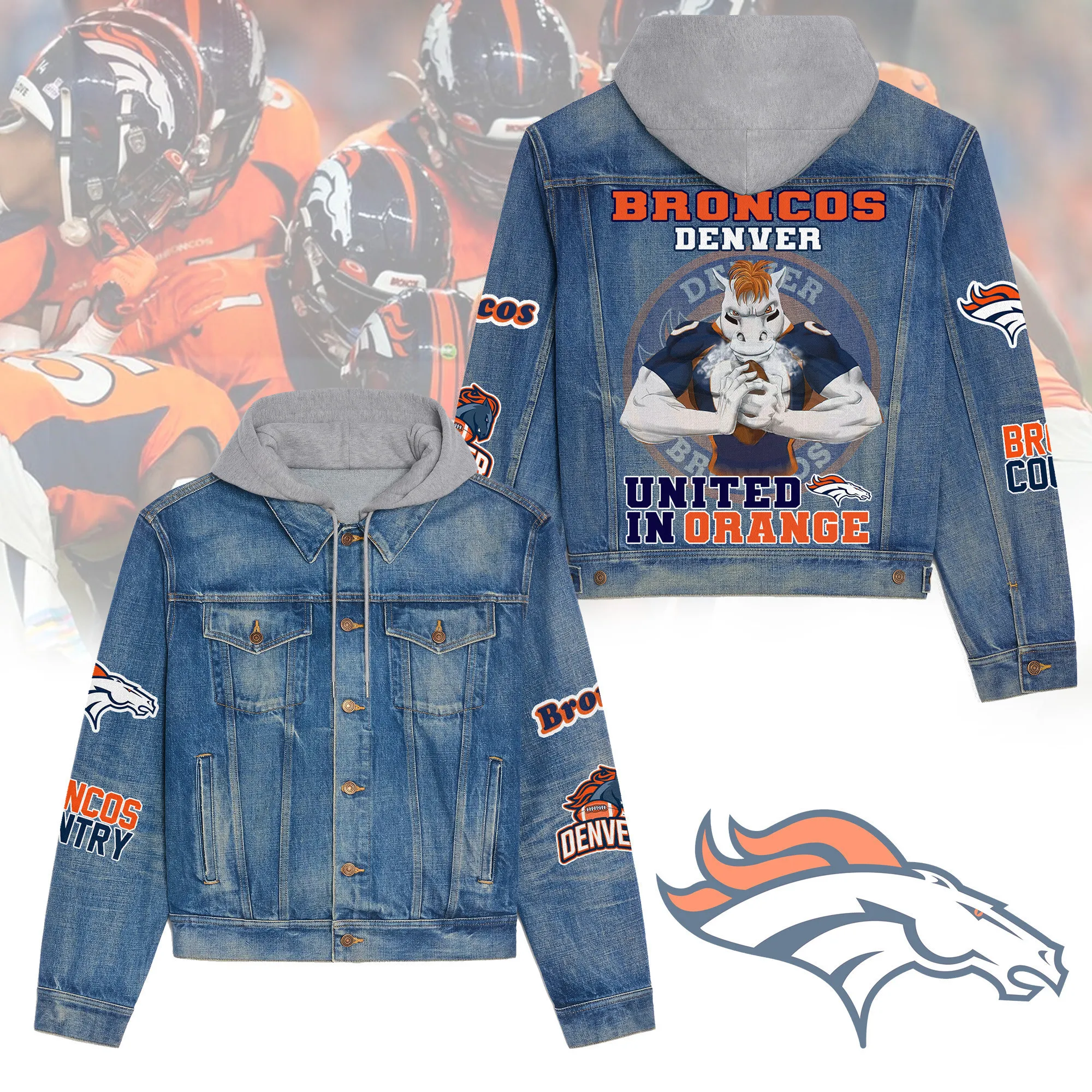 Denver Broncos Premium Hooded Denim Jacket  Affordable Fall Denim Jackets 2025