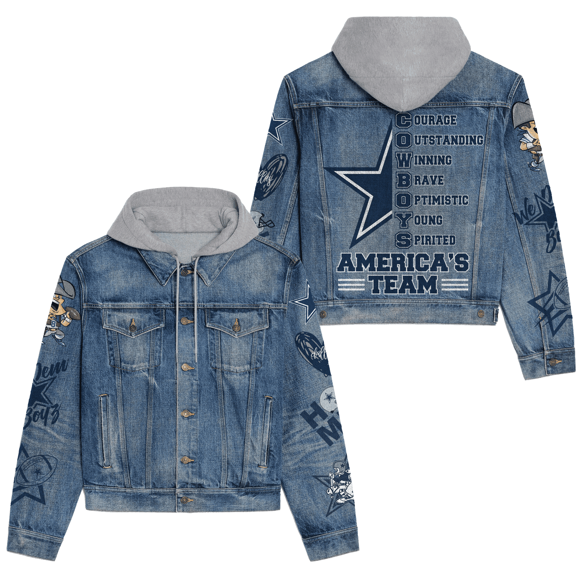 Dallas Cowboys Premium Hooded Denim Jacket Warm Jacket Fall Outfit For Men Women