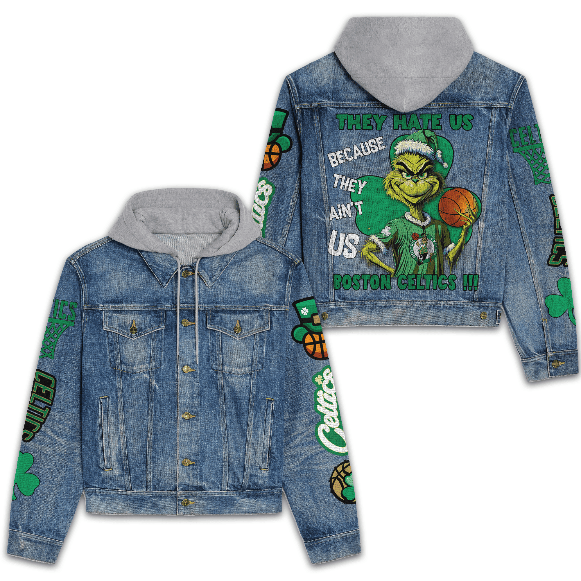 Boston Celtics Premium Hooded Denim Jacket Plus Size Fall Denim Jackets