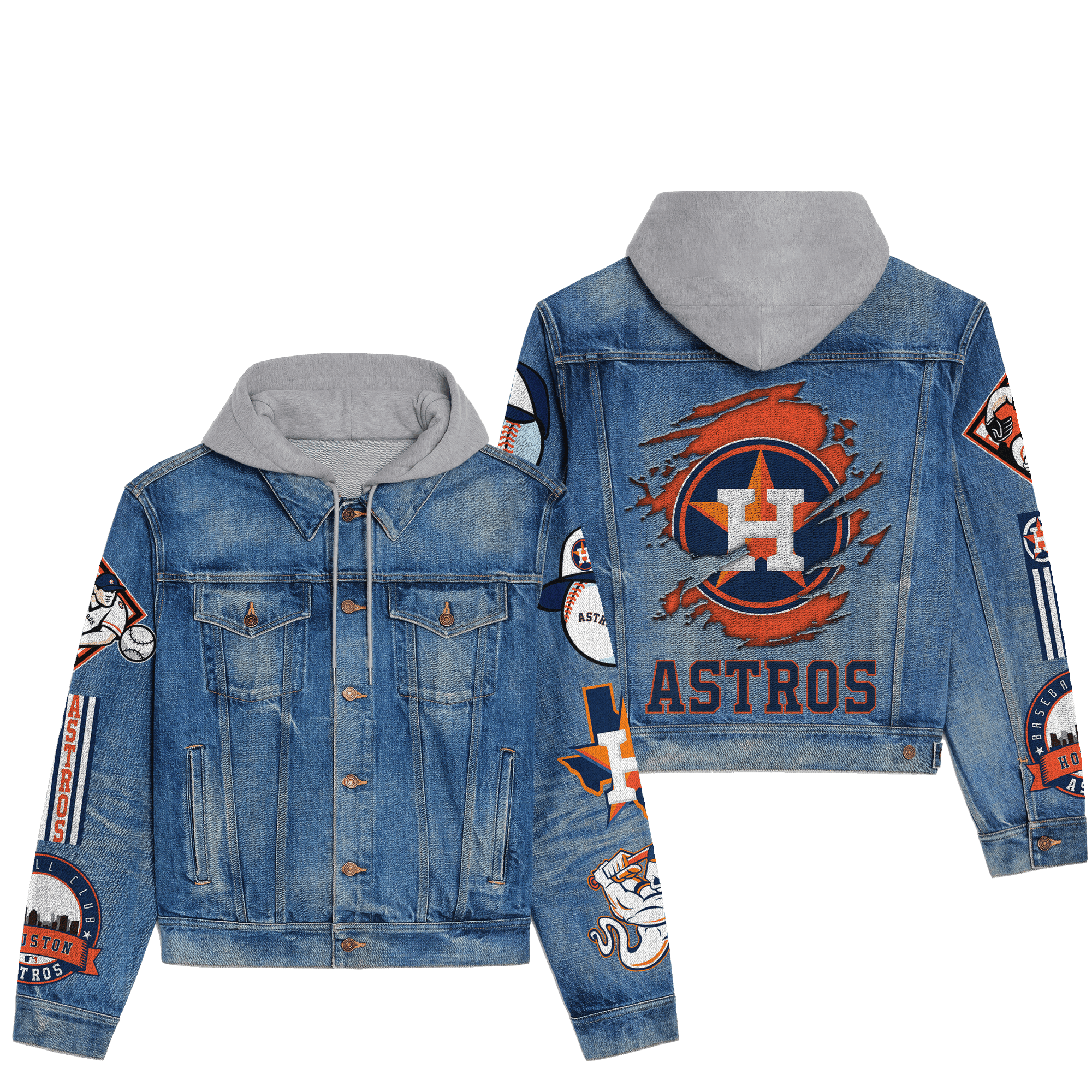 Houston Astros Premium Hooded Denim Jacket Plus Size Fall Denim Jackets