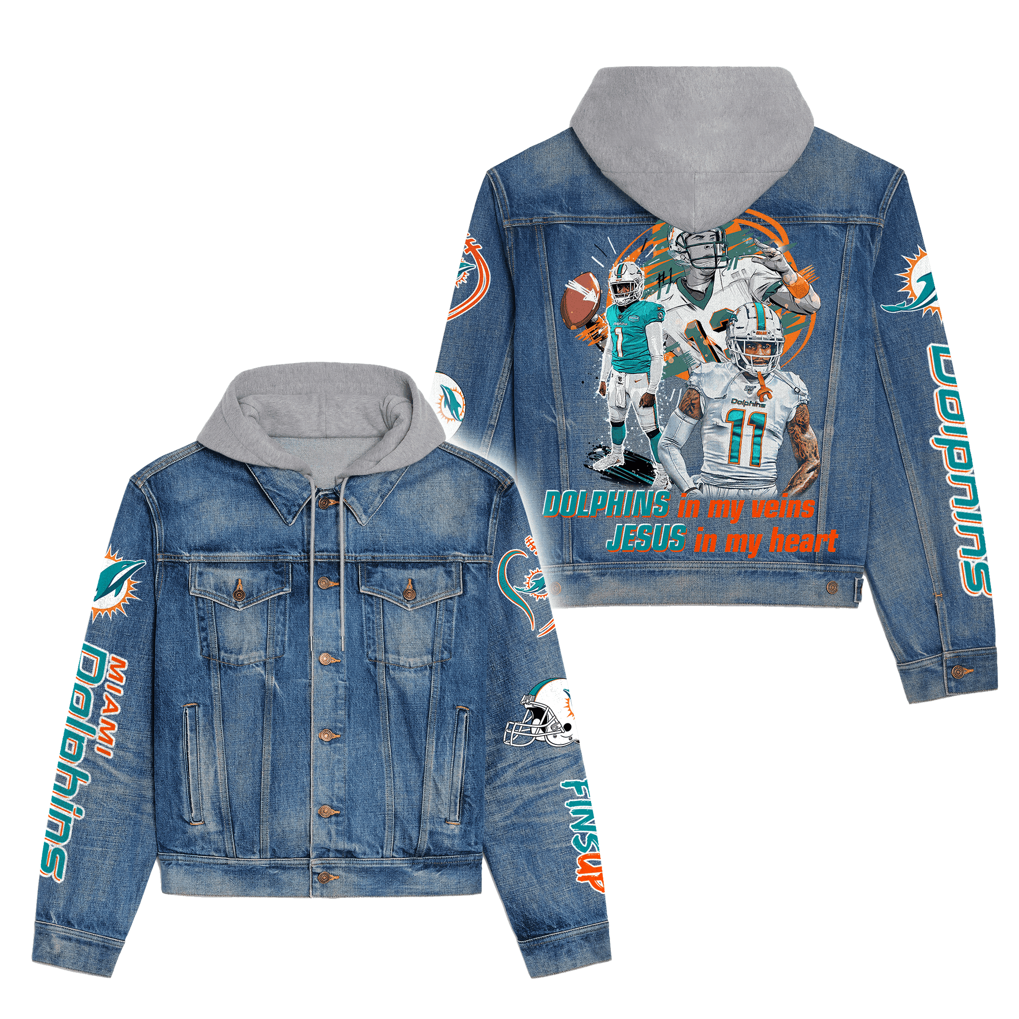 Miami Dolphins Premium Hooded Denim Jacket Cozy Fall Outerwear 2025 For Men Women