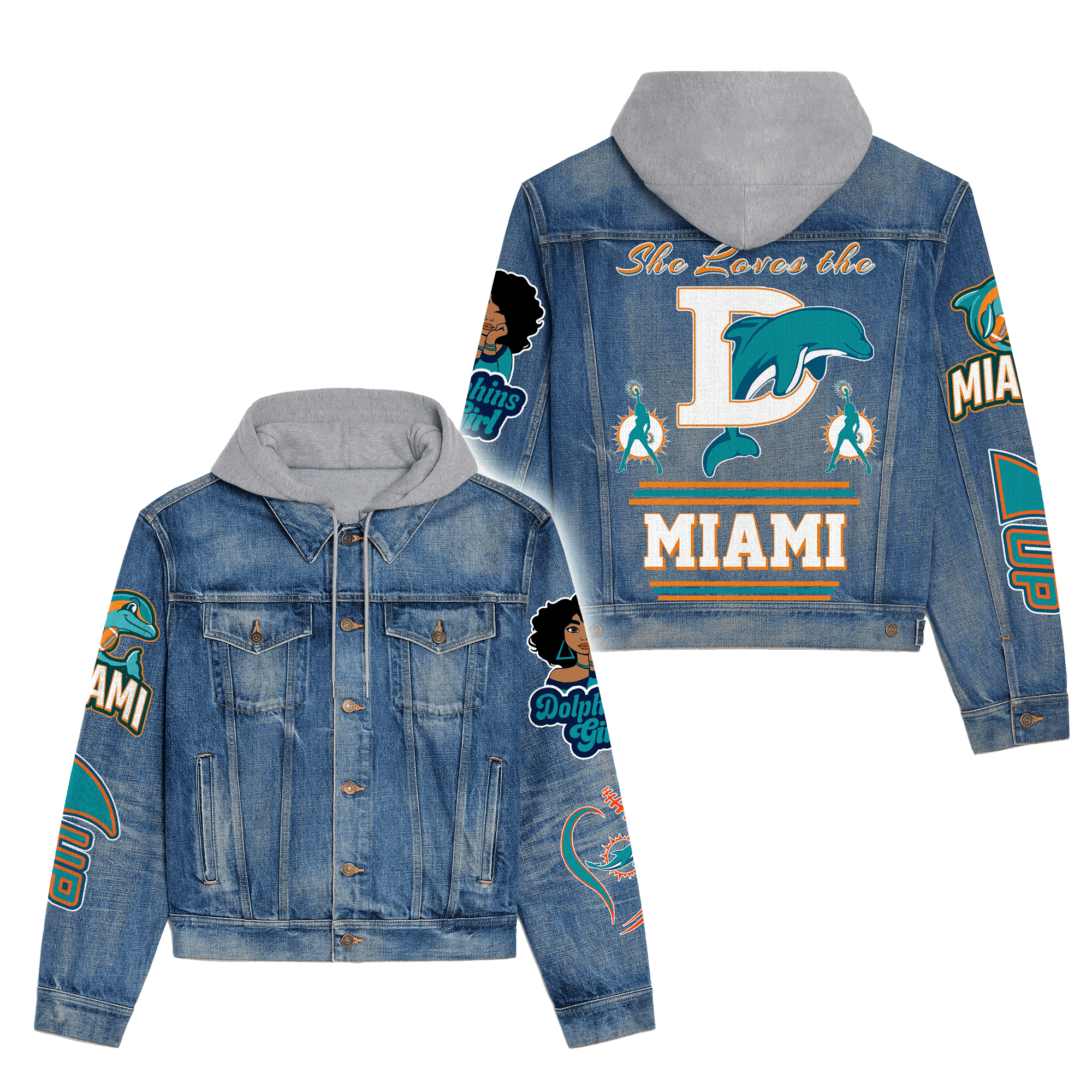 Miami Dolphins Premium Hooded Denim JacketOversized Streetwear Denim Jacket 2025