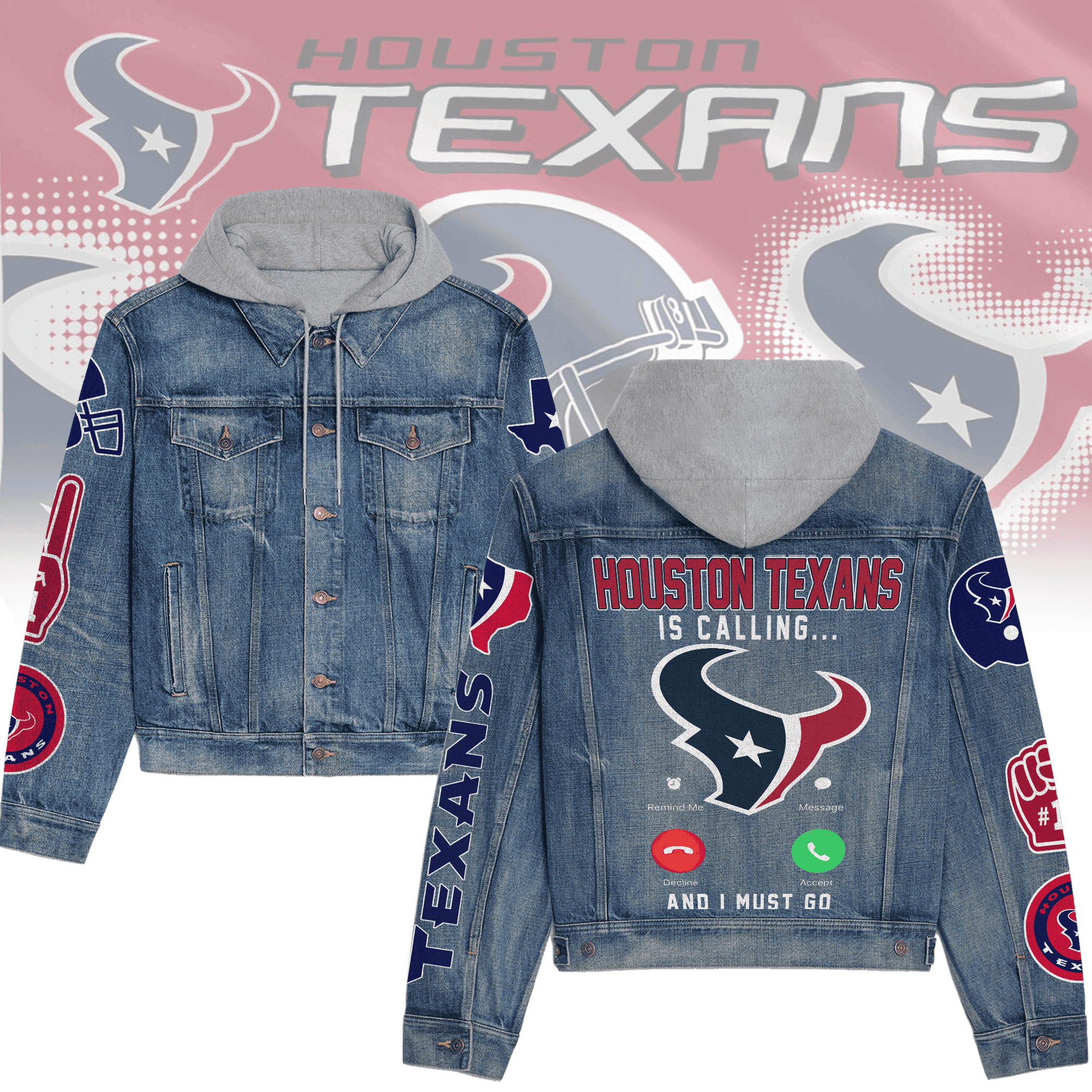 Houston Texans Premium Hooded Denim Jacket Warm Jacket Fall Outfit For Men Women