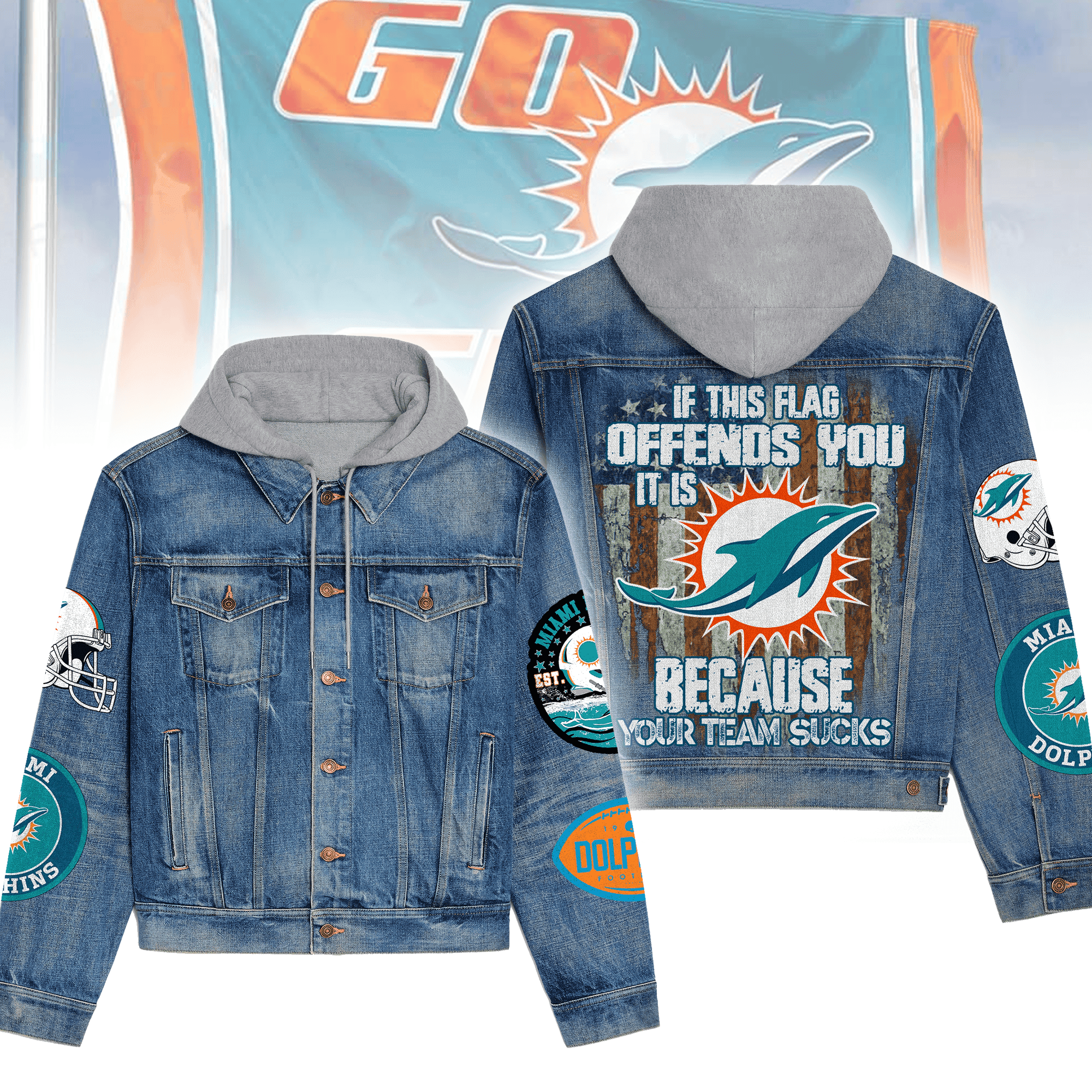 Miami Dolphins Premium Hooded Denim Jacket Plus Size Fall Denim Jackets