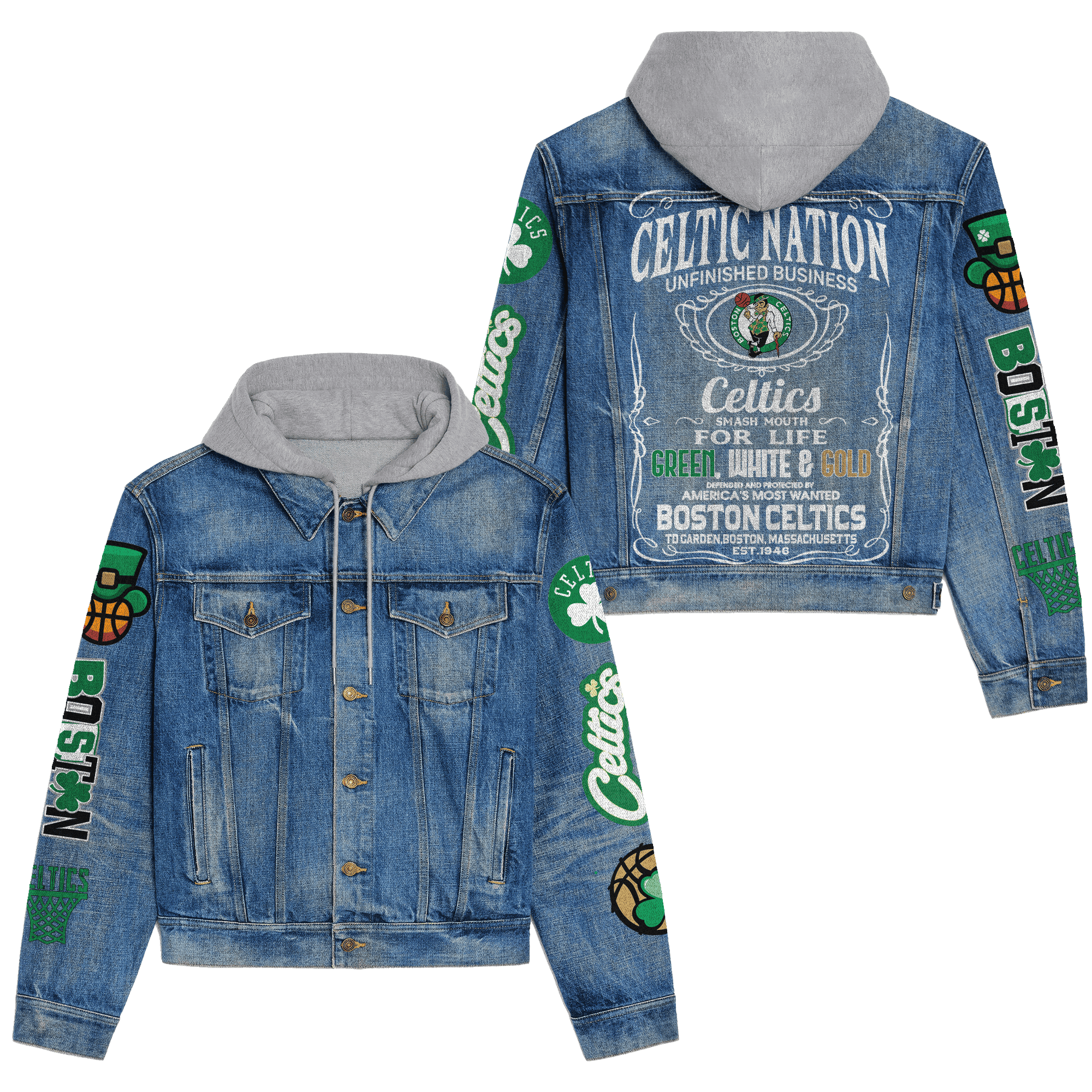 Boston Celtics Premium Hooded Denim Jacket  Affordable Fall Denim Jackets 2025